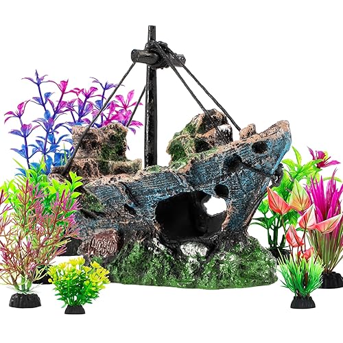 8Pcs Fish Tank Decorations Set Sunken Ship Decoration,Resin Material Fish