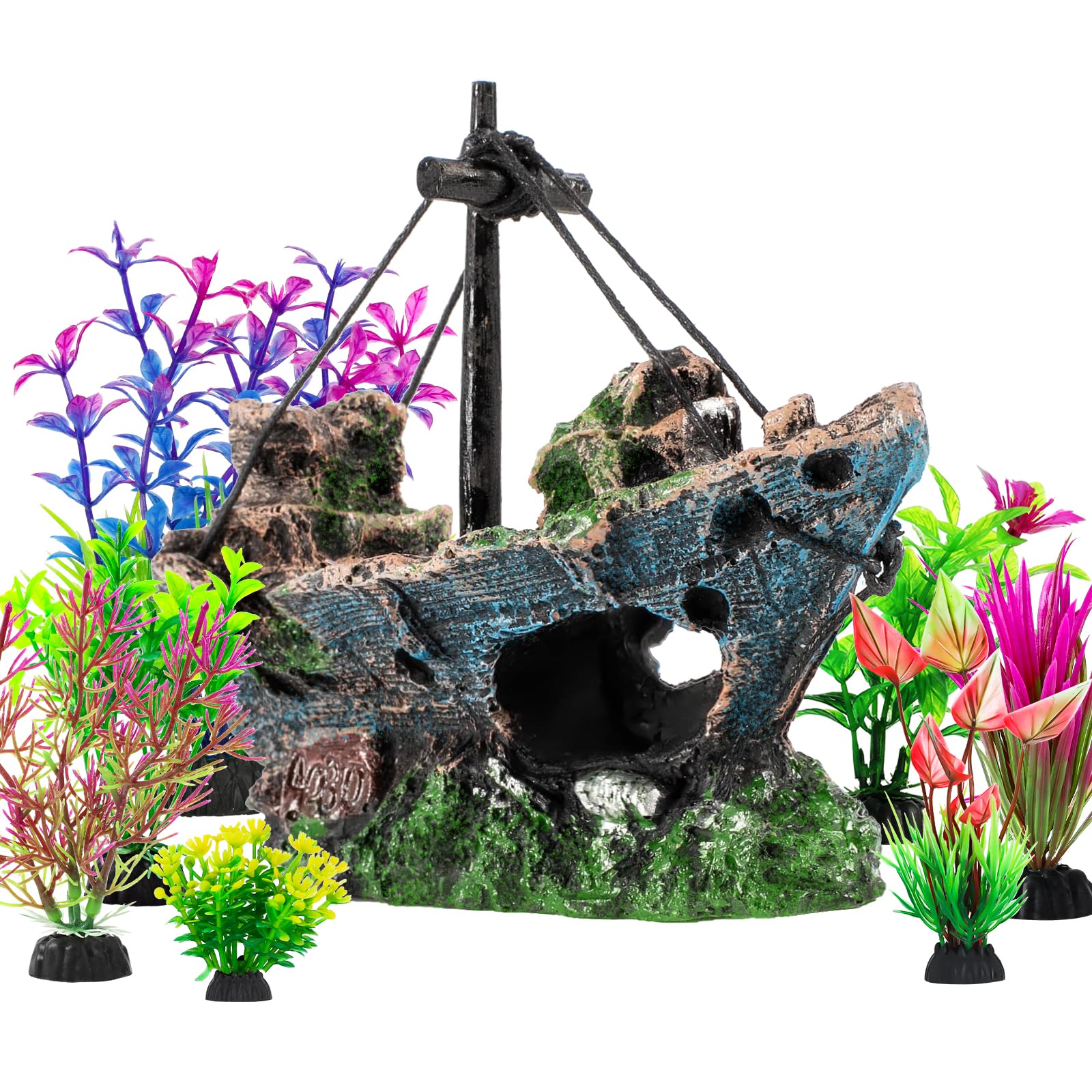 Fish Tank Shipwreck & Plants - Aquarium Decoration Set -1
