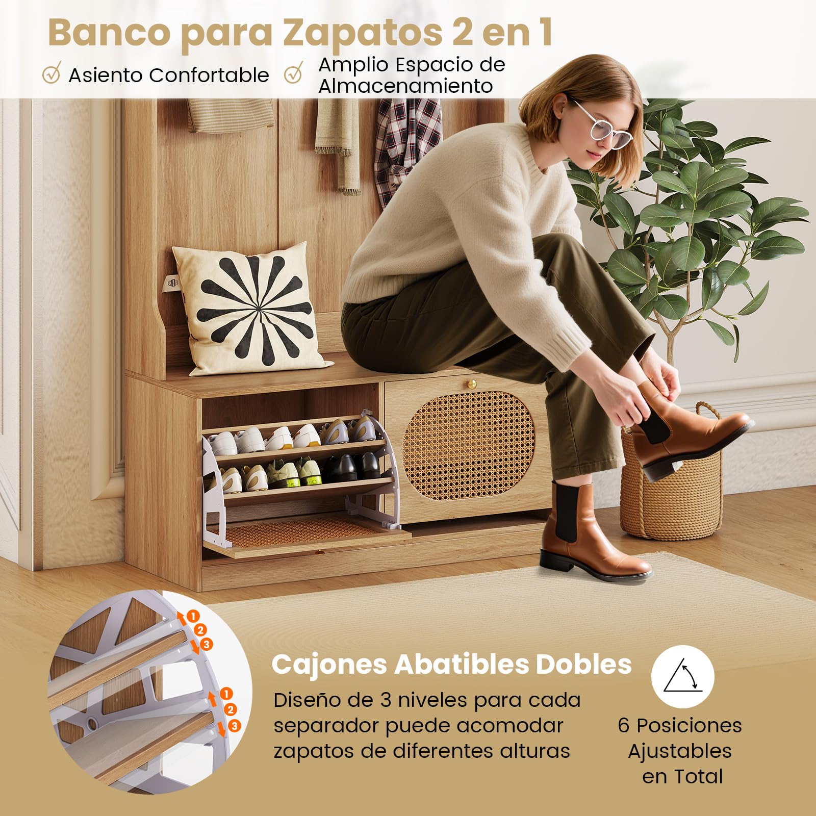 COSTWAY Perchero Zapatero 4 en 1, Muebles de Entrada Recibidor con 2 Cajones Abatibles, Ganchos Duales, Estantes, 101,5 x 40 x 180 cm, Entrada Salon Pasillo