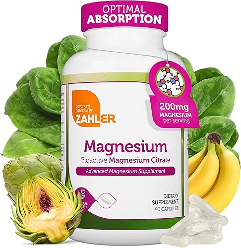 Zahler - Cápsulas de suplemento de magnesio de 200 mg (90 unidades) Citrato de magnesio bioactivo Kosher certificado para máxima absorción - Mineral
