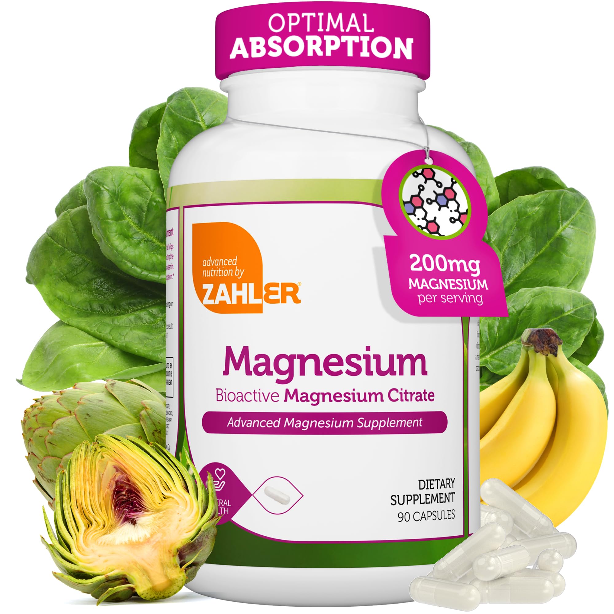 Zahler - Magnesium Supplement Capsules 200 mg (90 Count) Certified Kosher Bioactive Magnesium Citrate for Max Absorption - Natural Magnesium Mineral for Men & W