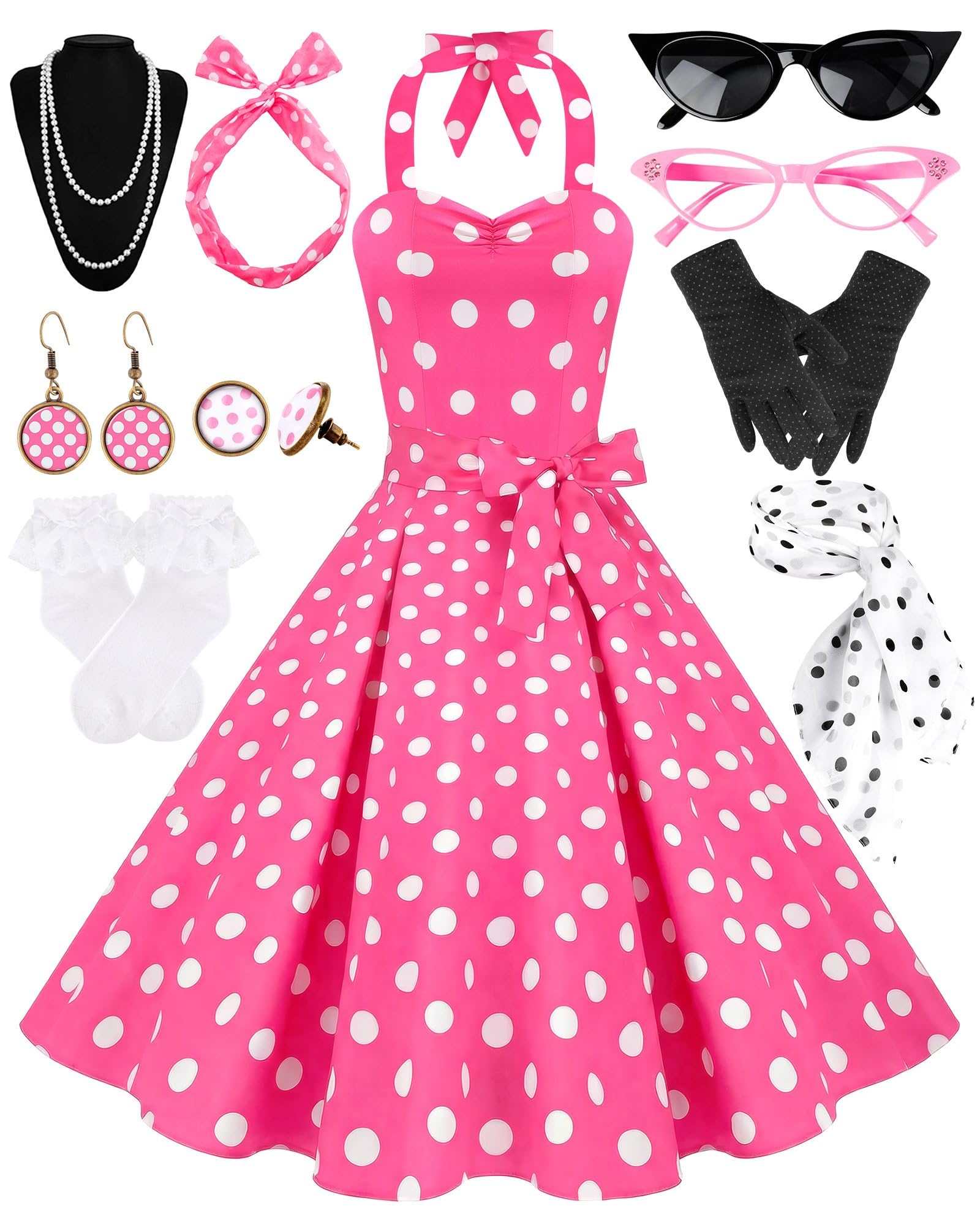 Photo 1 of Women's 1950s Polka Dress Set Audrey Vintage-Inspired Cocktail Halter Swing Dress with Accessories 10PCS(Pink WiheDots-M)