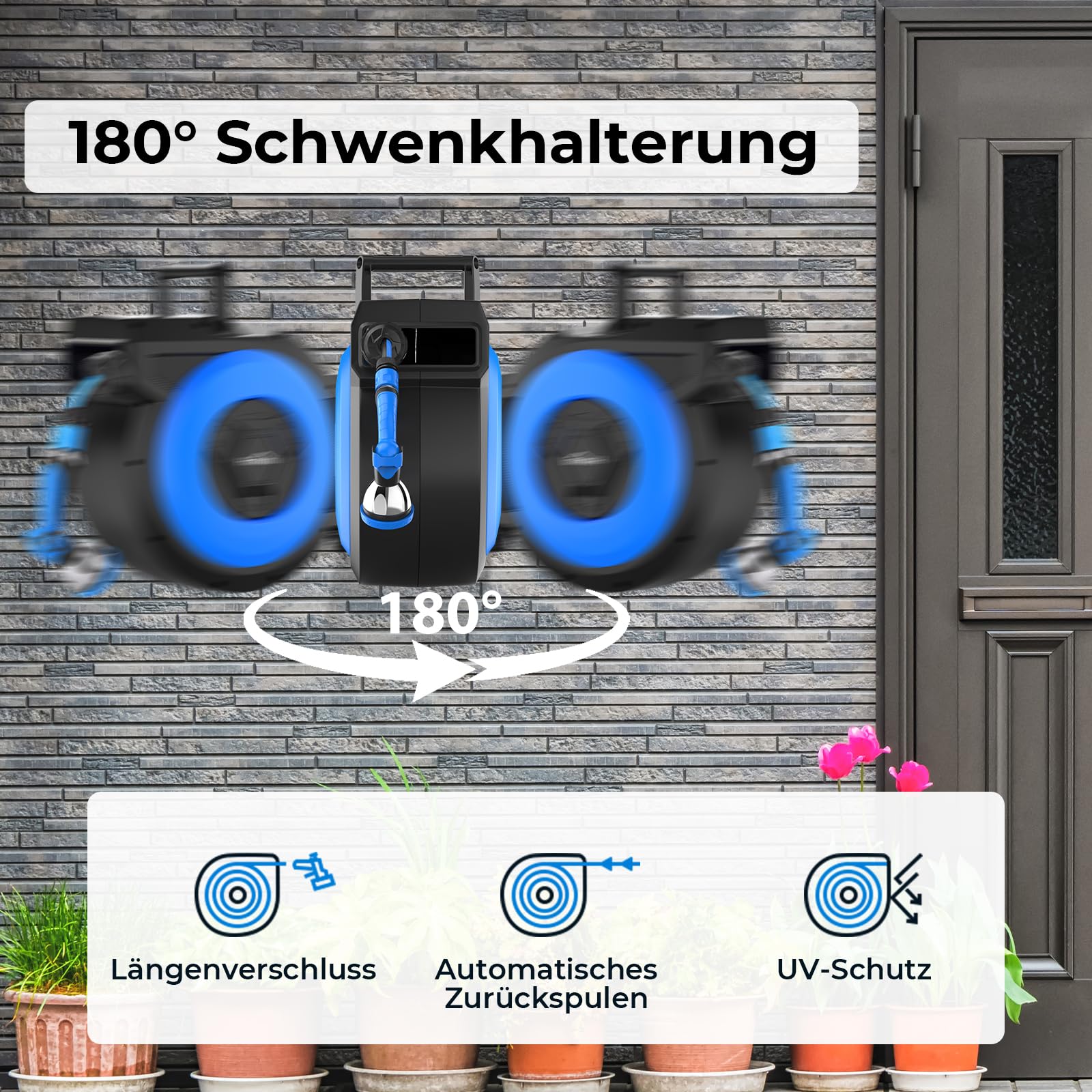Himimi Schlauchtrommel Gartenschlauch 30m+2m, Wand-Schlauchbox 180° Schwenkbar, Automatischer Rückzug, 10-in-1 Multibrause, Arretierung in Jeder Länge – Garten & Autowaschen
