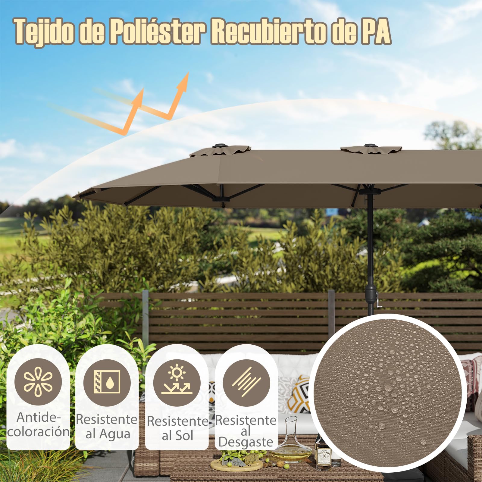 RELAX4LIFE Sombrilla Doble 400 x 210 cm con Base, Manivela, 12 Costillas y 2 Sacos de Arena de Carga 30kg, Sombrilla Terraza Exterior con Protección UV para Jardín, Terraza y Mercado