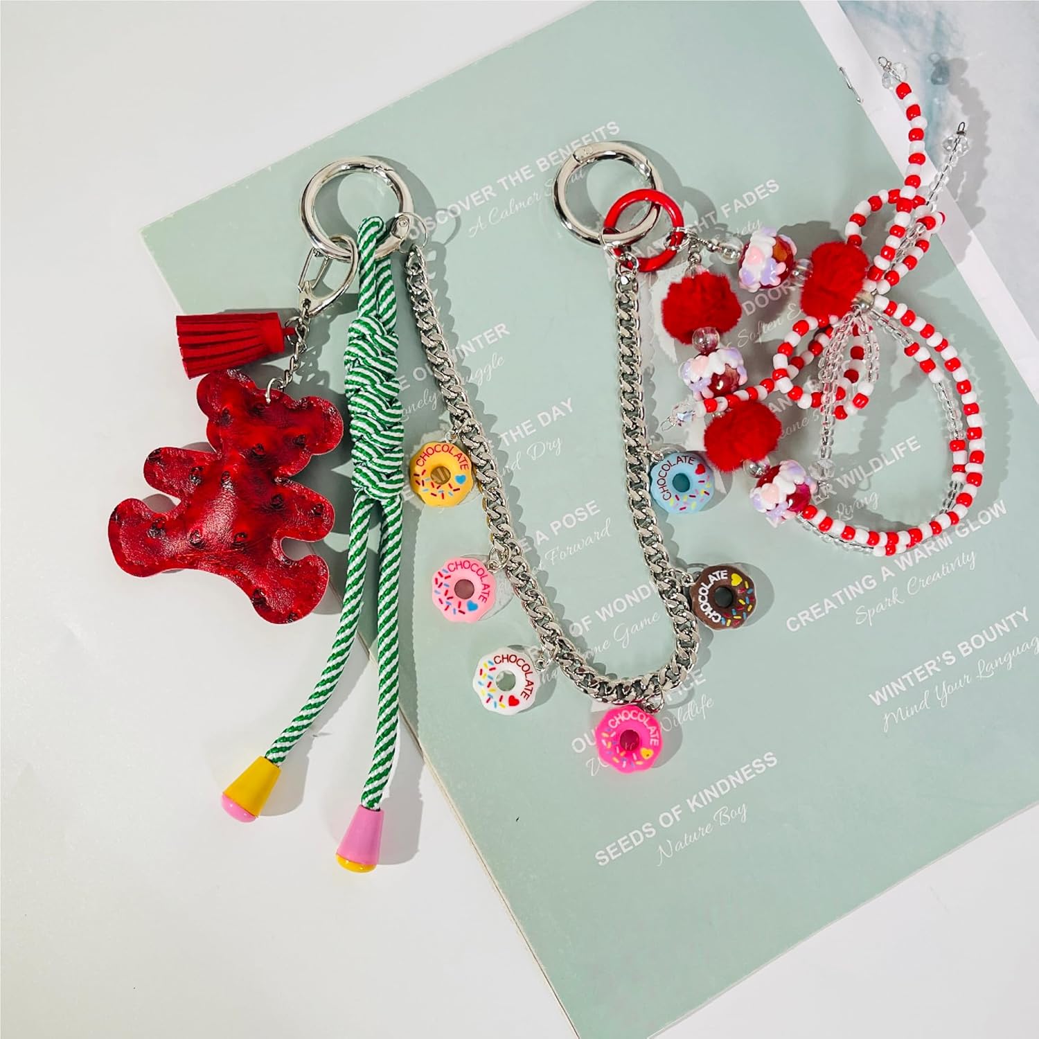 QTMY Cute Bear Doughnut Beaded Braided Keychain Bag Charms for Handbag Purse Backpack Accessories Bogg Bag,564-1 - Image 4