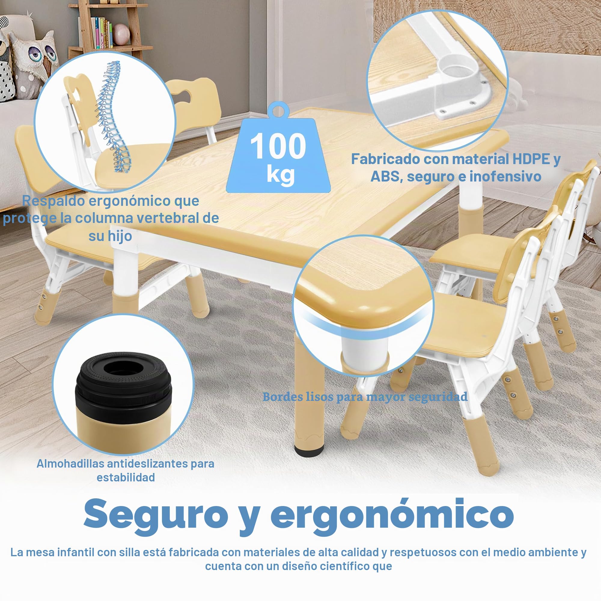 UISEBRT - Mesa infantil con 4 sillas, juego de asientos ajustables en altura, para niños a partir de 2 años, mantel de plástico, muebles para jardín de infantes y dormitorio infantil (color madera