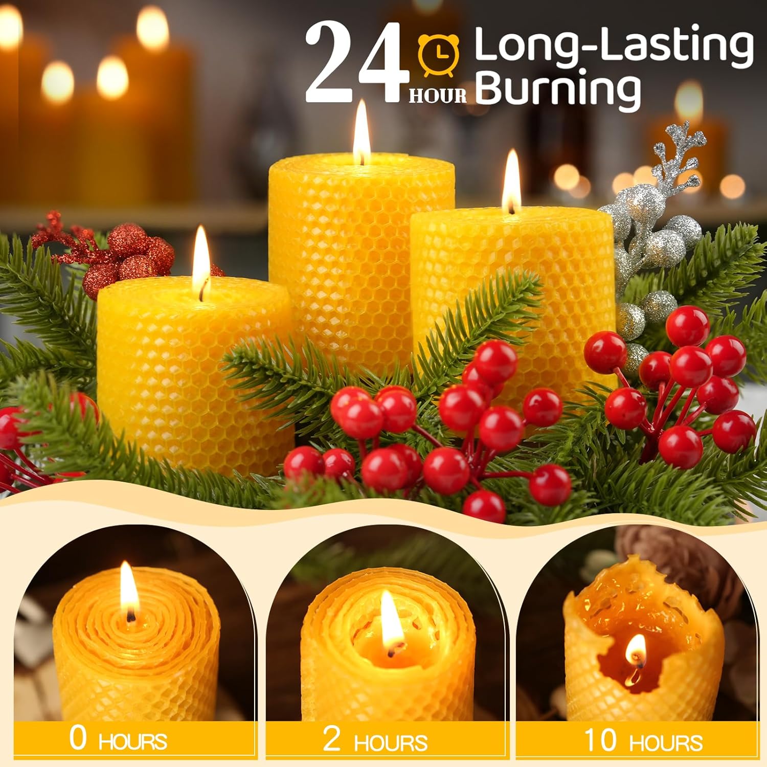 Hand-Rolled Beeswax Candles,2.8x3in-3PCS,All Natural Honeycomb Beeswax Pillar Candles,72 Hours Long Burning Bees Wax Candles for Home,Dripless Smokeless Unscented Honeycomb Pillar Candle - Image 4