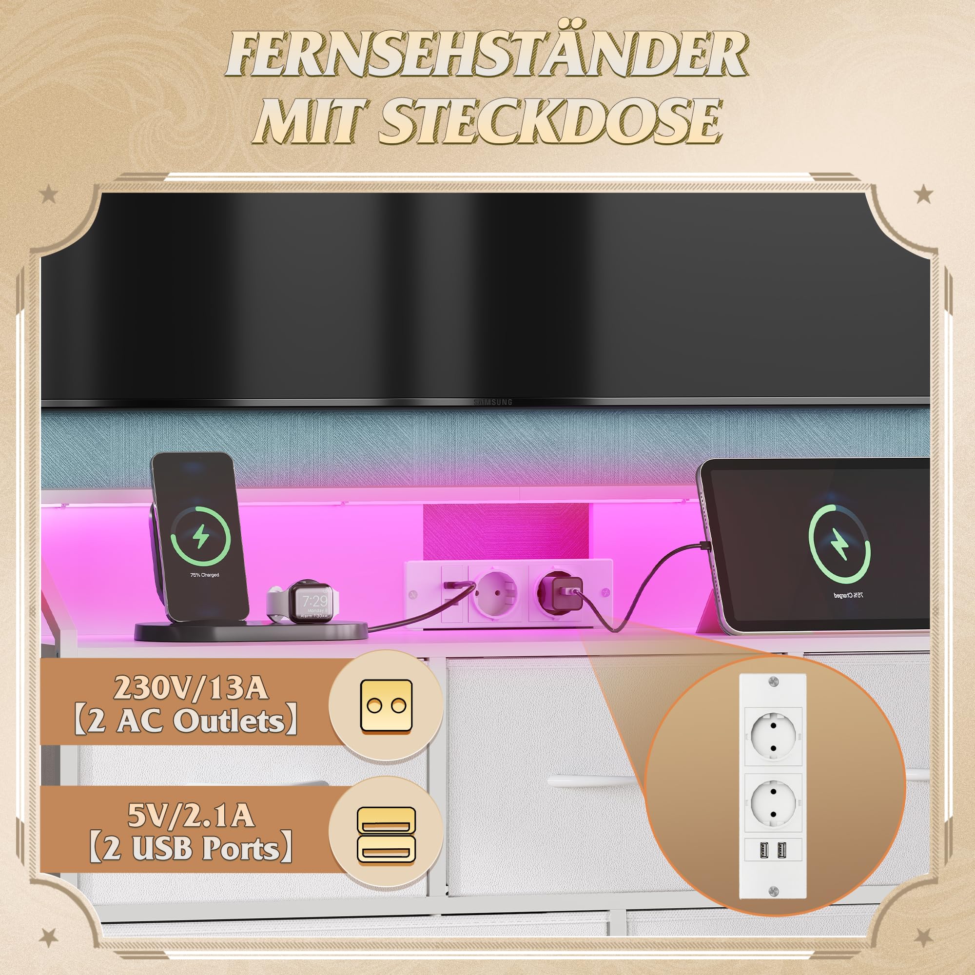 WLIVE Kommode mit LED-Beleuchtung und Ladestation, 8 geräumige und Tiefe Schubladen mit Stoffbezug, Holzplatte und stabiles Stahlgestell für Wohnzimmer und Schlafzimmer (Weiß mit Holzmaserung)