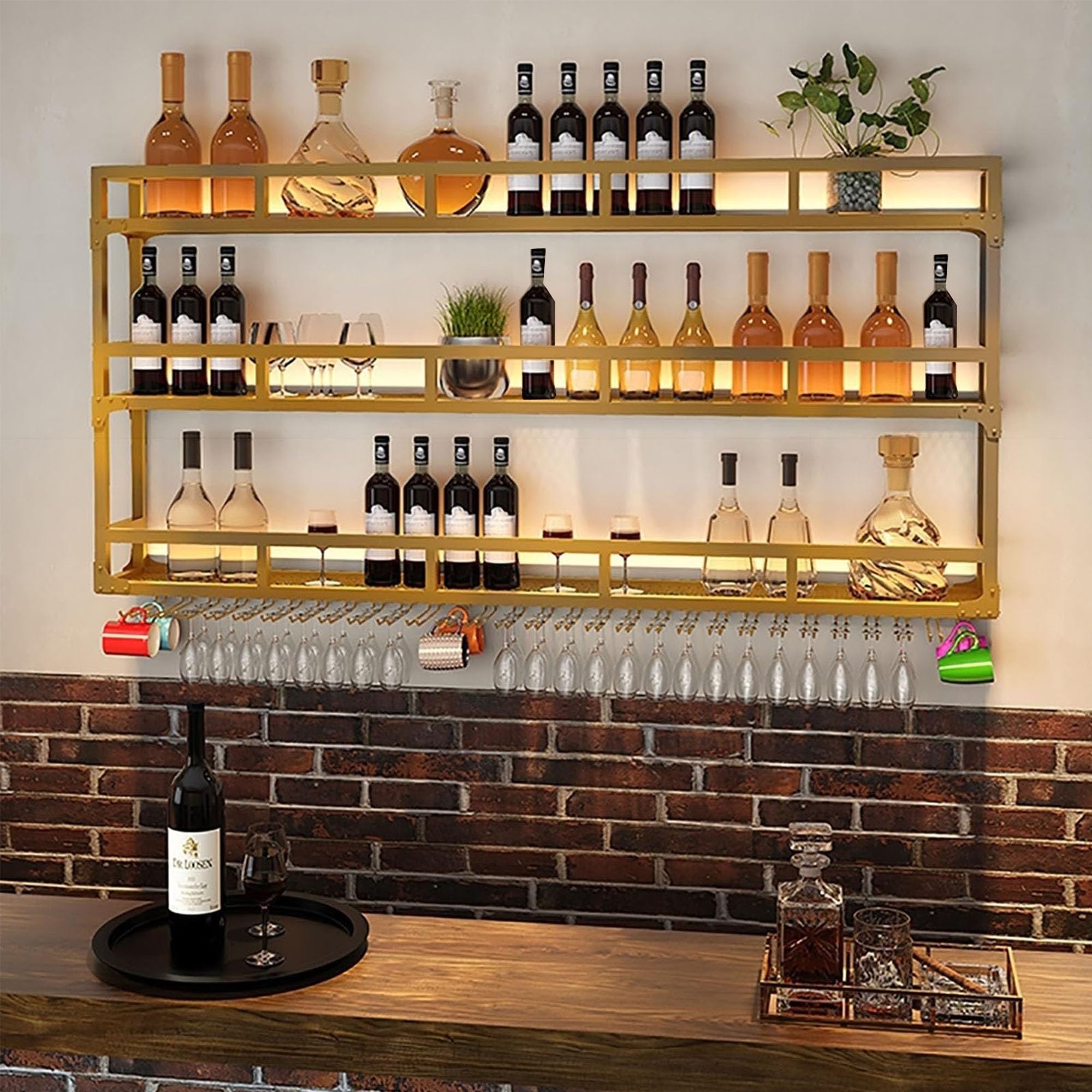 Estante de vino montado en la pared con luz LED, soporte colgante para copas y estante flotante, para almacenamiento en el hogar, bar, cocina