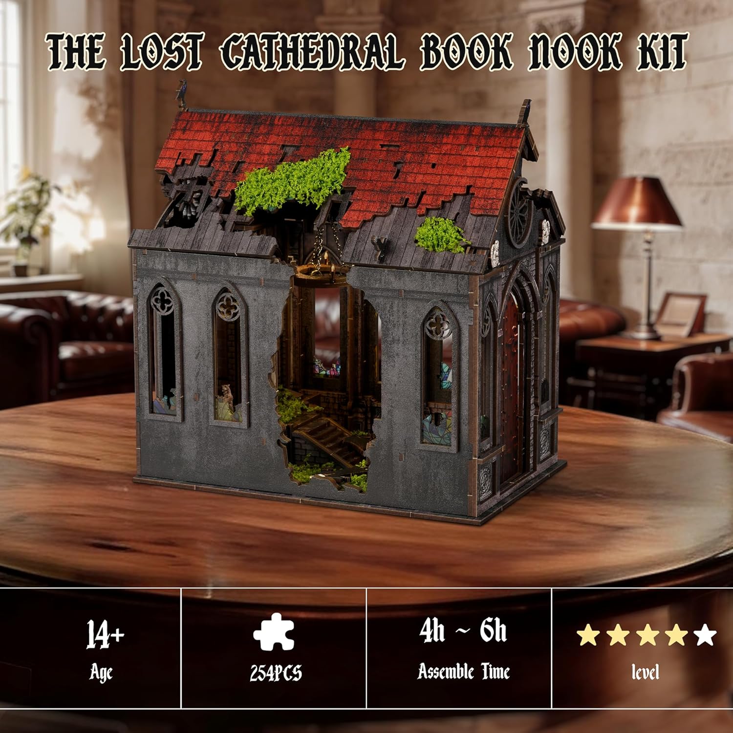 Lost Cathedral Miniature Kit - DIY Miniature House Kit for Adults, Teens, Dollhouse Booknook Bookshelf Insert Decor with LED Light, 3D Wooden Puzzle Gifts for Family, Friends