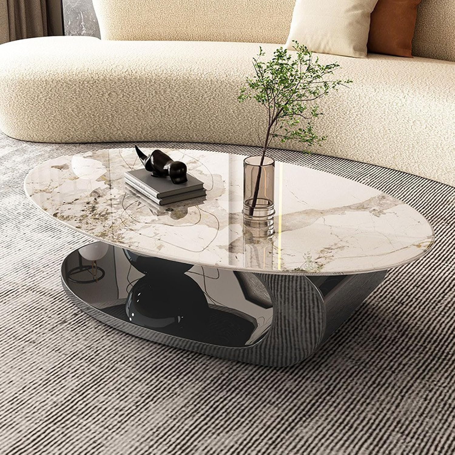 Ovaler Couchtisch, einzigartige Couchtische, Couchtisch mit Marmorplatte und Metallstahlrahmen, stabil und einfach zusammenzubauen, für Wohnzimmer, Büro, Heimdekoration (B 160 x 80 cm)
