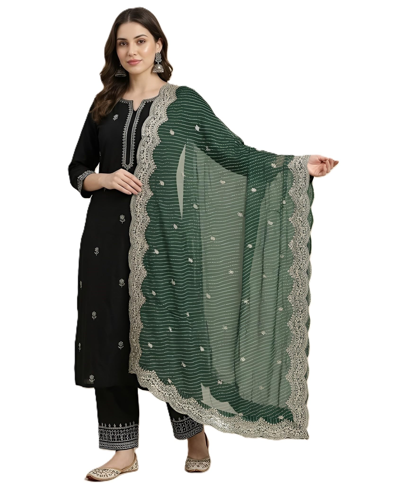MUFFLY Women’s Georgette Lehriya Dupatta with Scalloped Cutwork Lace Border, Foil Buti Embellishment & Ethnic Designer Dupatta for Kurti Suit Saree-picture-14