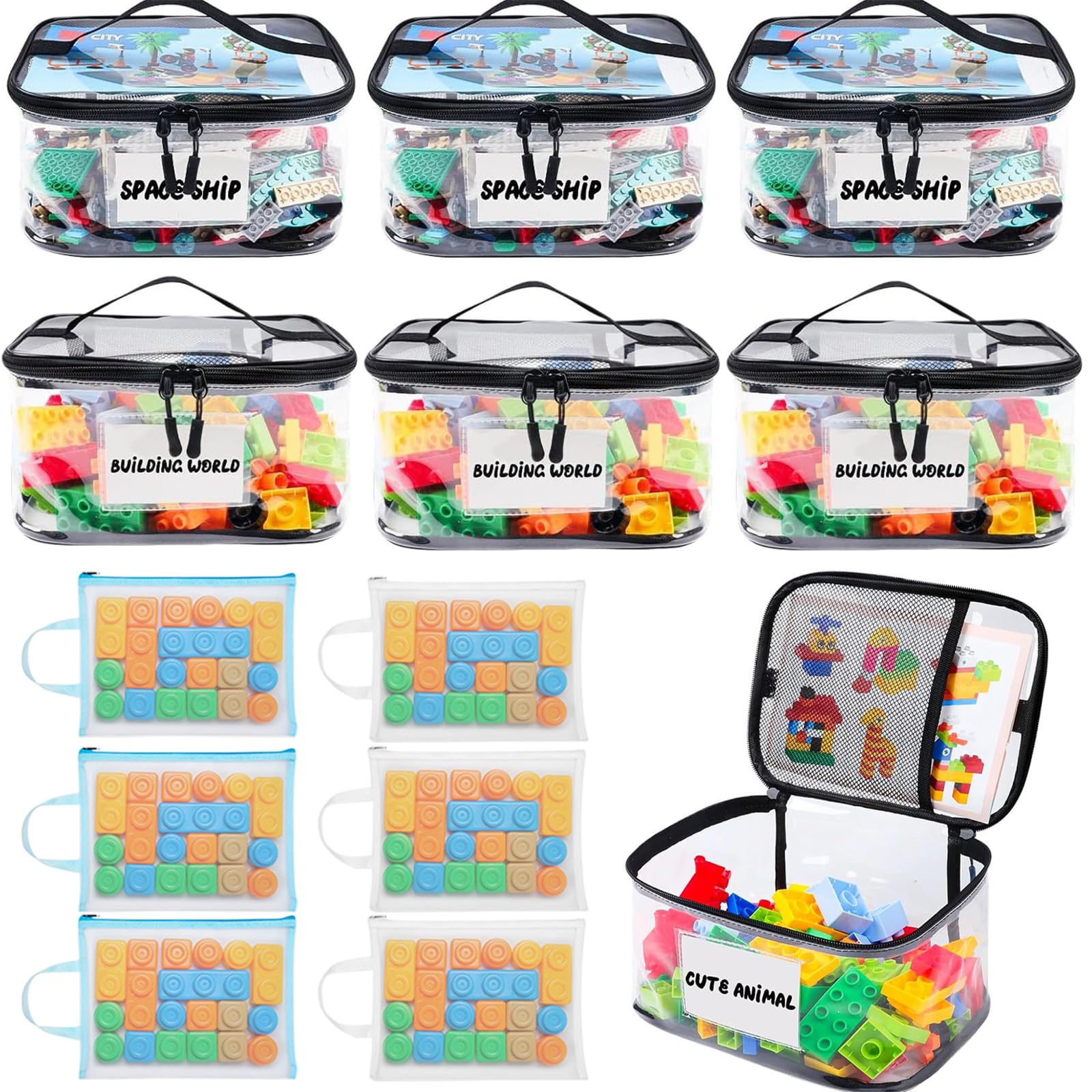 Bolsas de almacenamiento de juguetes transparentes con malla y doble cremallera, pack de 6