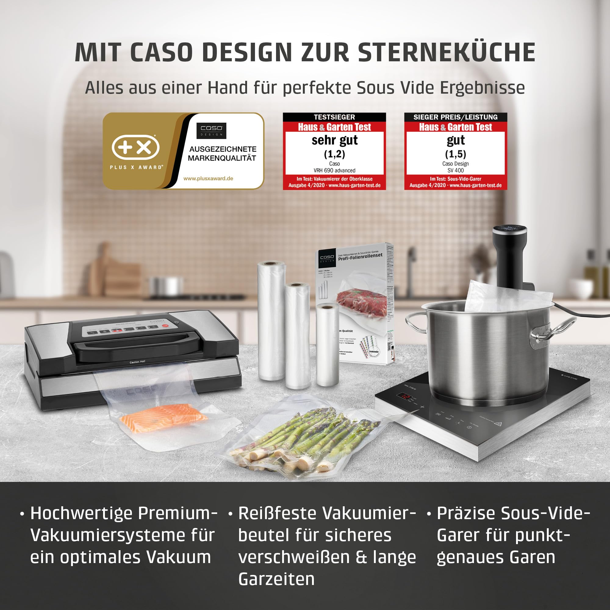 CASO SV400 Sous Vide Stick, Testsieger Haus & Garten Test für Behälter bis 20l Volumen, 25-90°C in 0,5°C Schritten, IPX7, platzsparendes Design
