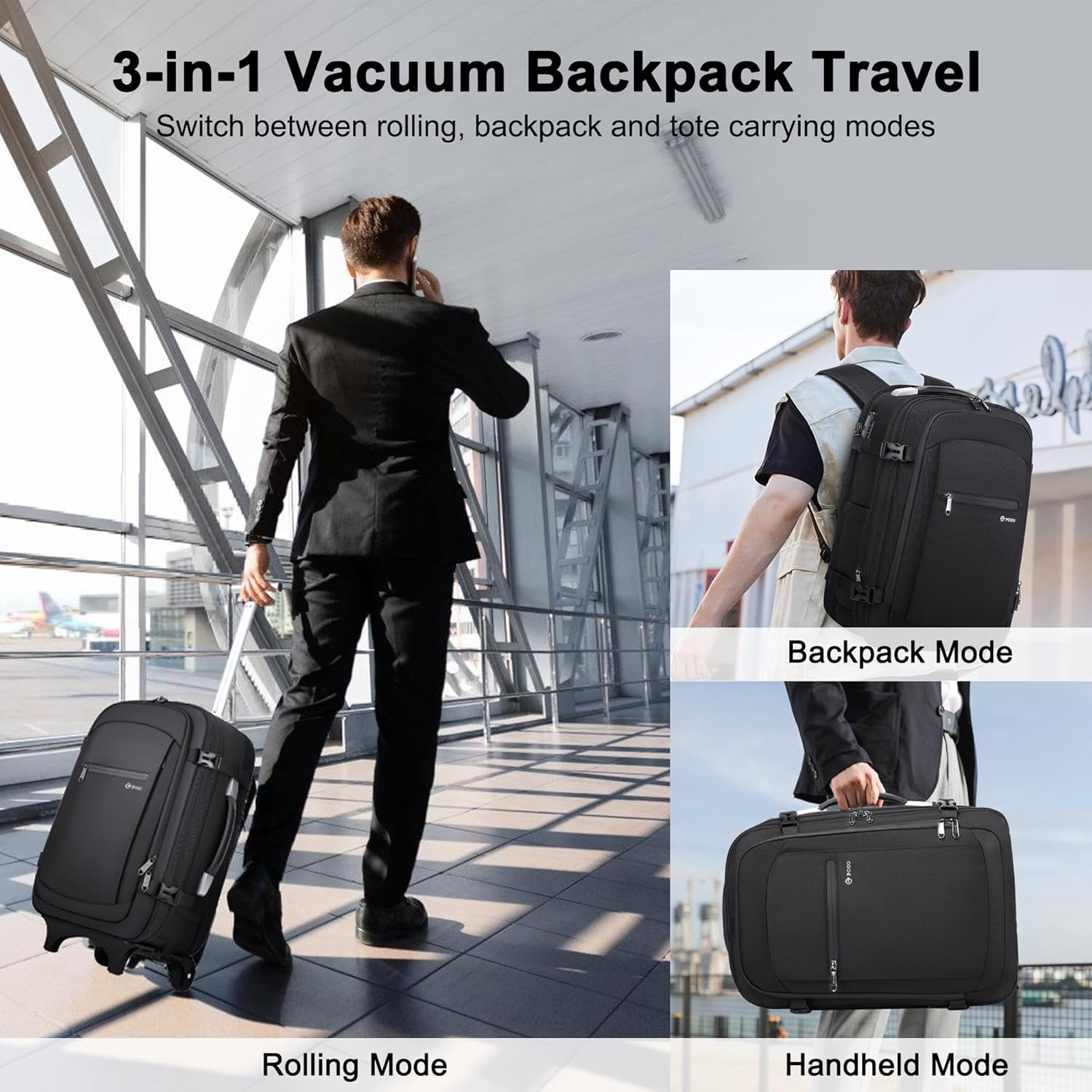 Vacuum Backpack Travel with Pump - 60L Expandable Airback Backpack w/Detachable Wheels, Vacuum Seal Compression Easyvacpack for Traveler Graduate, Water Resistant Carry-On Luggage, TSA Lock - Black - Image 2