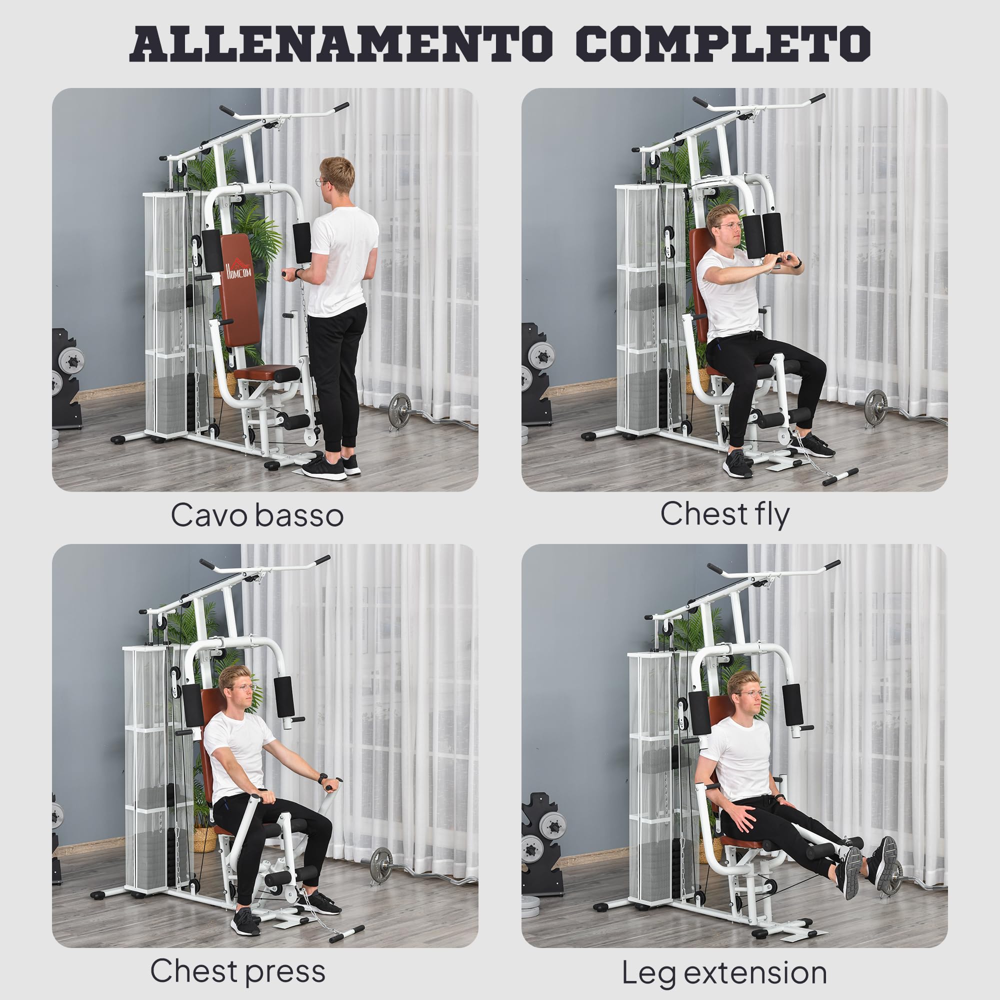 HOMCOM Stazione Fitness con Pull Down, Chest Press, Flessioni, Allungamenti delle Gambe e Vogate, Palestra Multifunzione in Acciaio con Peso di 45 kg, per Home Gym Casa, 150x110x210 cm, Bianco