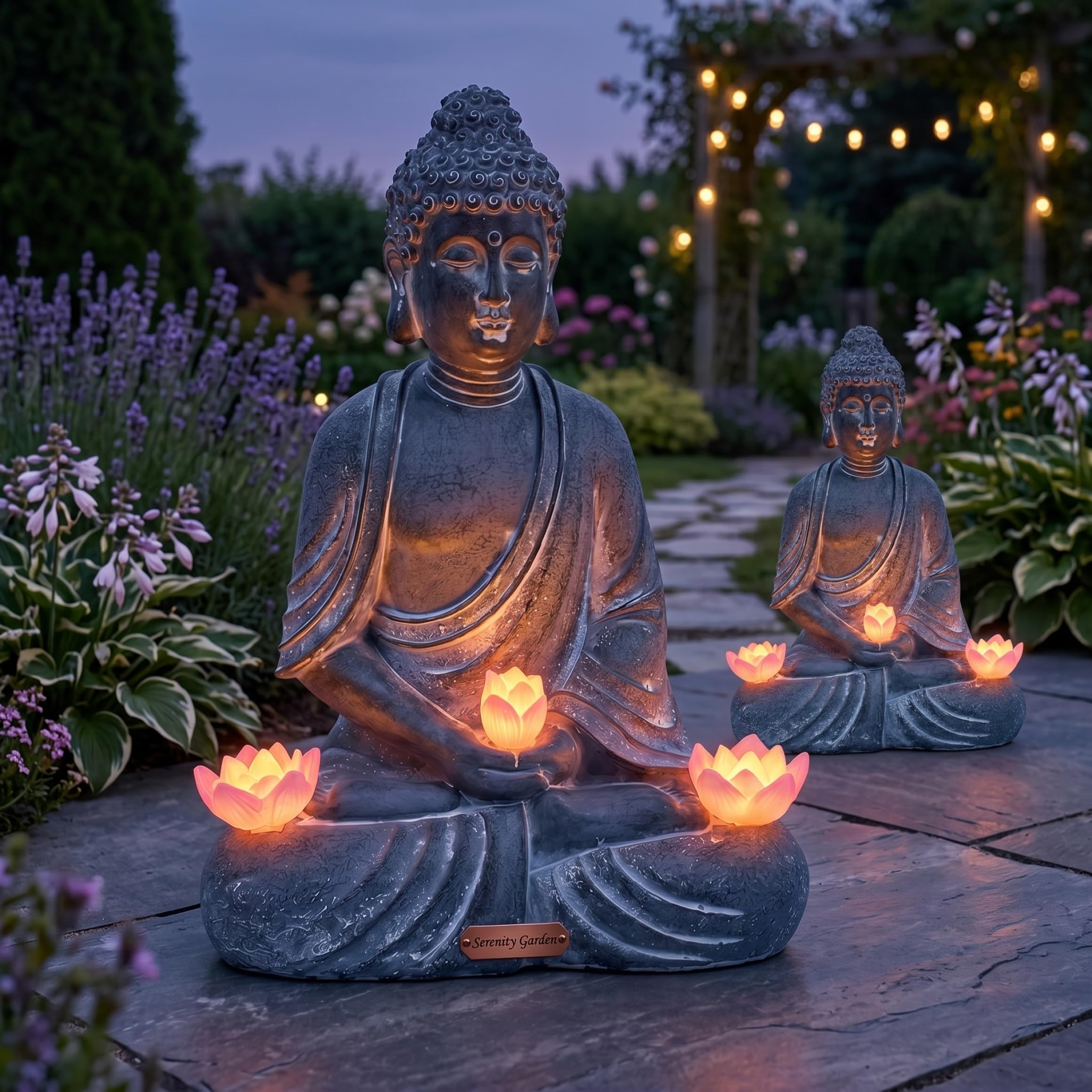 Statue de Bouddha d'extérieur, Statues de Jardin Zen solaires, Figurine en résine imperméable avec Fleur Lotus pour Patio extérieur, pelouse, Balcon, Assis