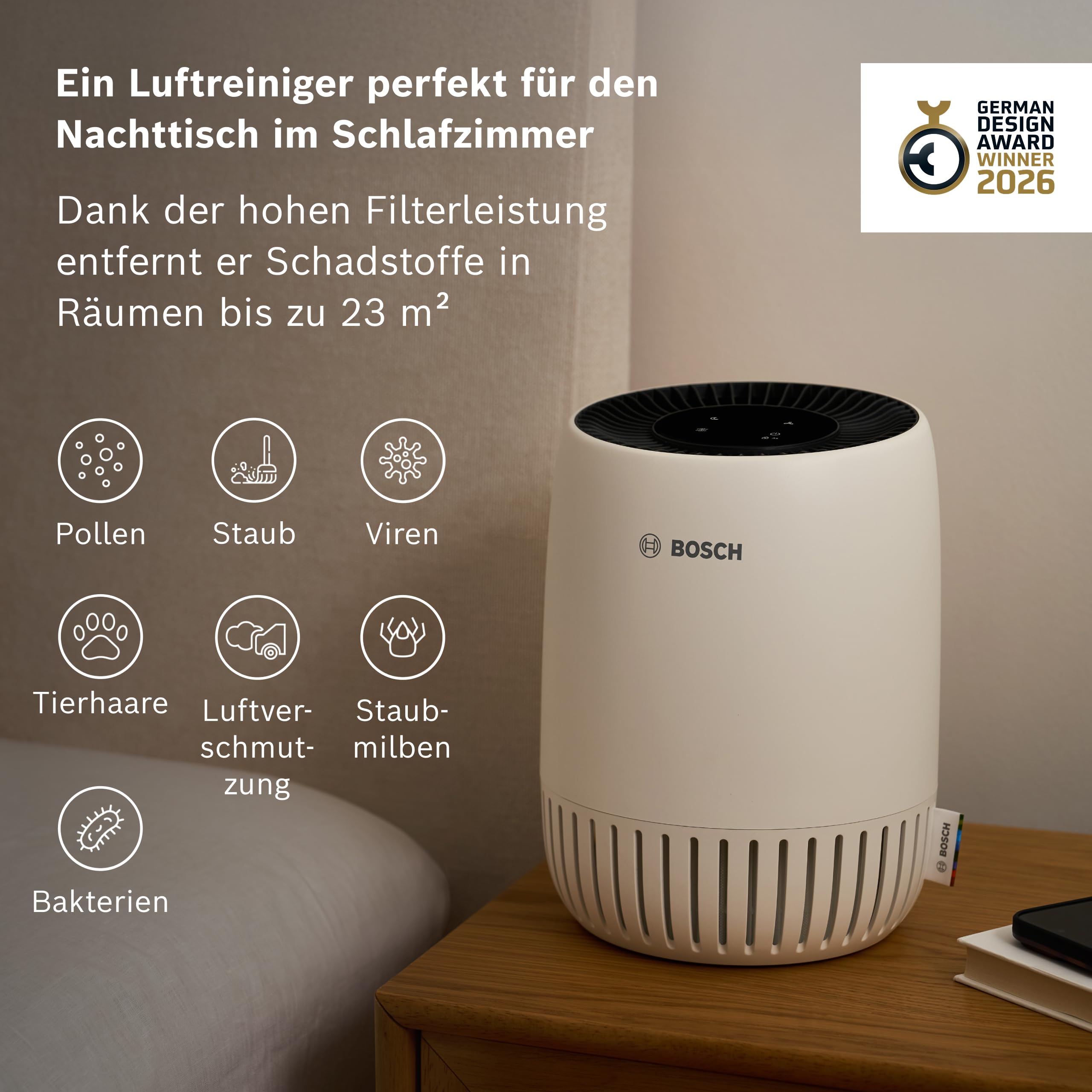 Bosch Air 500, Luftreiniger, Für Räume bis zu 23 m² | Mit 2-in-1 Luftfilter, Automatikmodus, Ruhemodus (< 25 dB(A)), CADR: 70 m³/h