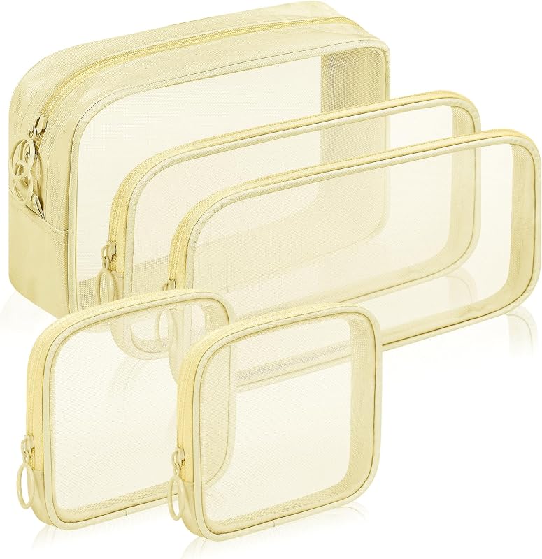 Sinzip Kit com 5 necessaires de malha de nylon com zíper, bege, tamanhos variados