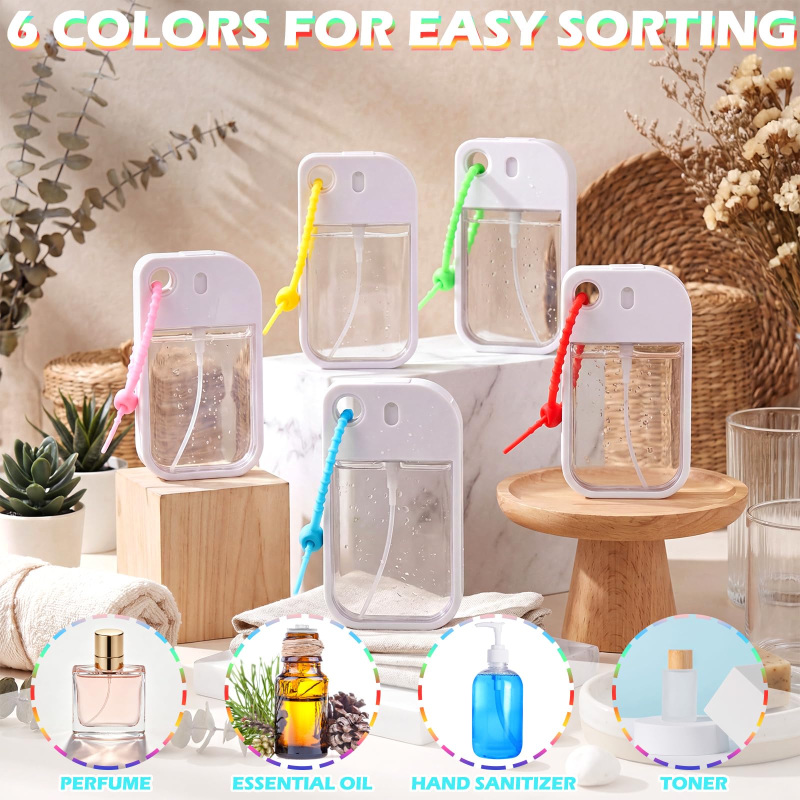 Rtteri Leere Händedesinfektionsmittel-Sprühflasche, Reisegröße, Mini-Händedesinfektionsmittel, Gummi-Umhängeband, tragbar, nachfüllbar, Parfümflasche, Trichter, Tropfer für Geldbörse, Rucksack