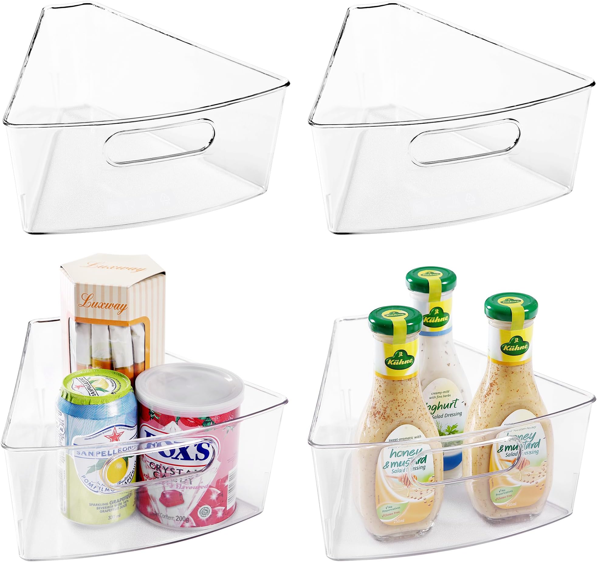 Lazy Susan Organizers Set of 4, 10.2โx 9.4โx 4โ Plastic Transparent Kitchen Cabinet Storage Bins with Handle, 4" Deep Container, 1/8 Wedge - Food Safe, without BPA