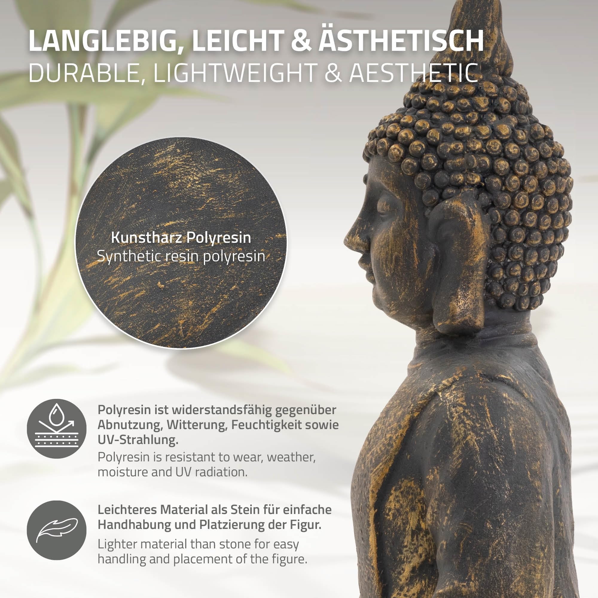 ECD Germany Figura Buddha Seduto 63 cm Poliresina Resistente Intemperie Bronzo Feng Shui Statua Zen Decorazione Giardino