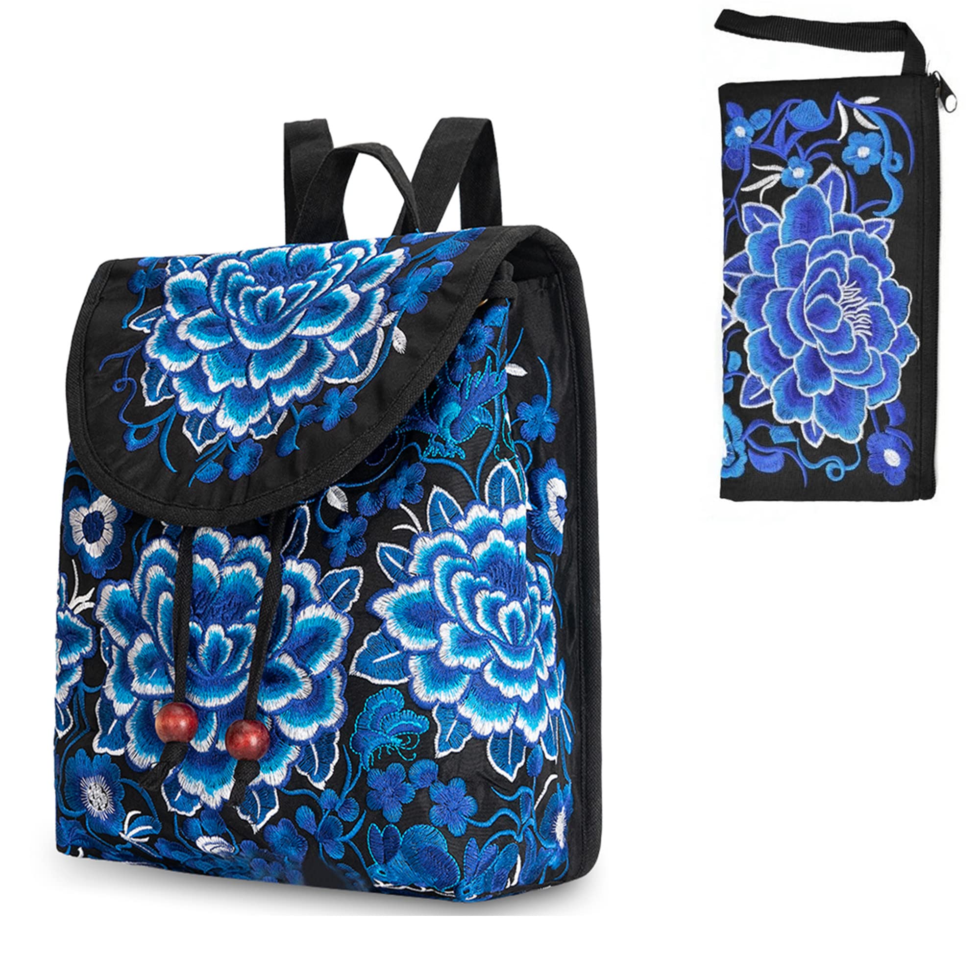 surrylake Vintage Embroidered Women Backpacks Boho Backpack Purse Ethnic Travel Shoulder Bag for Women, Dark Blue Flower, Medium