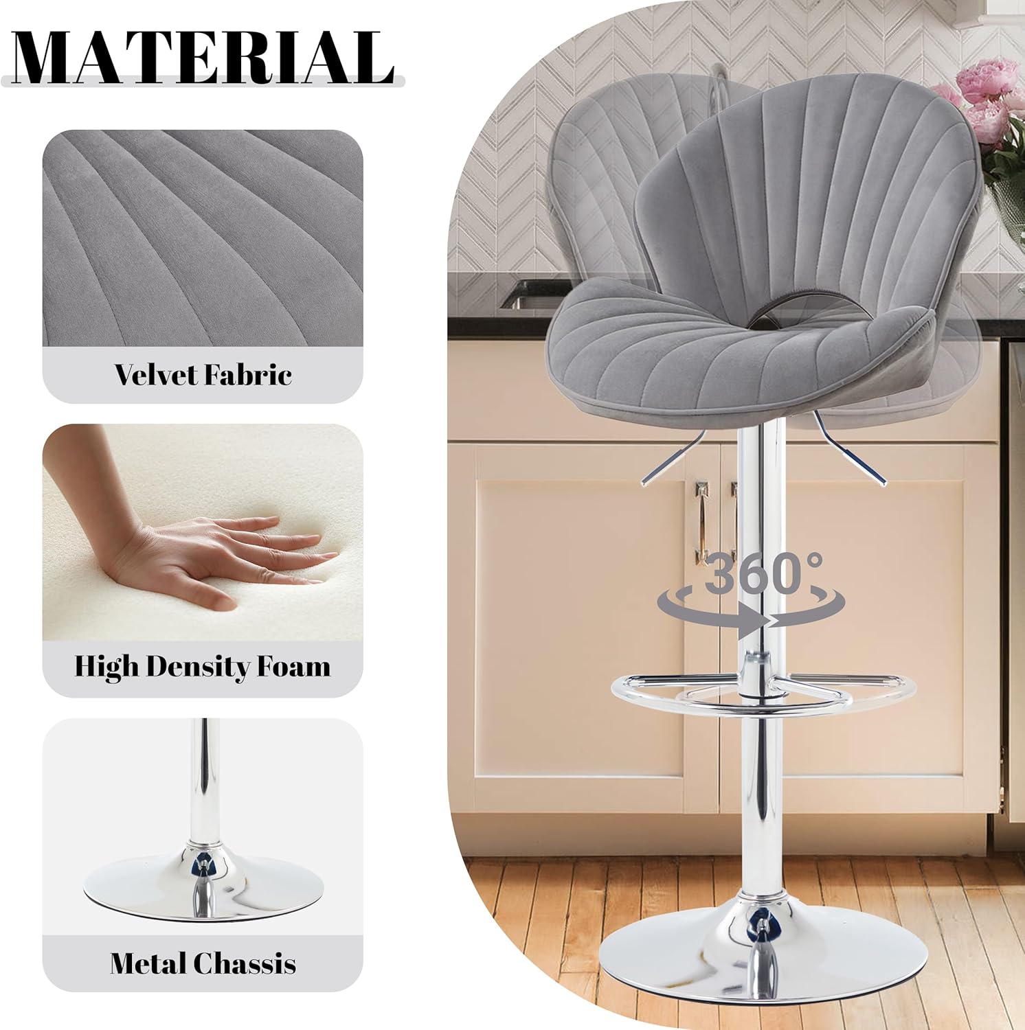 Bar Stools Set of 4, Adjustable Height Swivel Bar Chairs with Backrest & Footrest, Velvet Fabric Counter Stools for Kitchen Island, Dining Room, Home Bar (Grey, Set of 4)