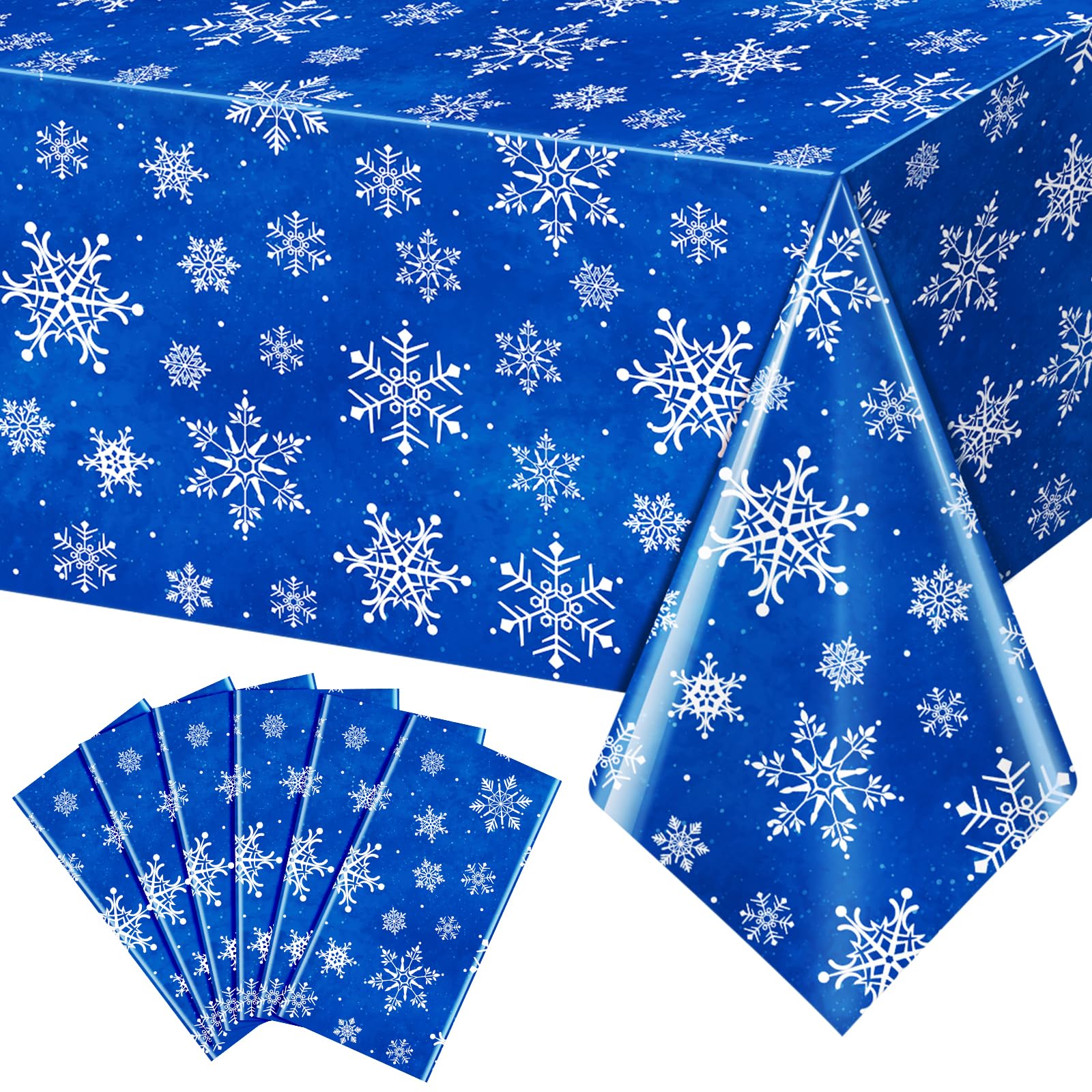 6 Pieces Christmas Snowflake Plastic Party Tablecloth Decorations,White Snowflake Blue Xmas Backdrop Sign Table Cover Banner for Winter Christmas Holiday Party Supplies,54x108 inch (Blue)