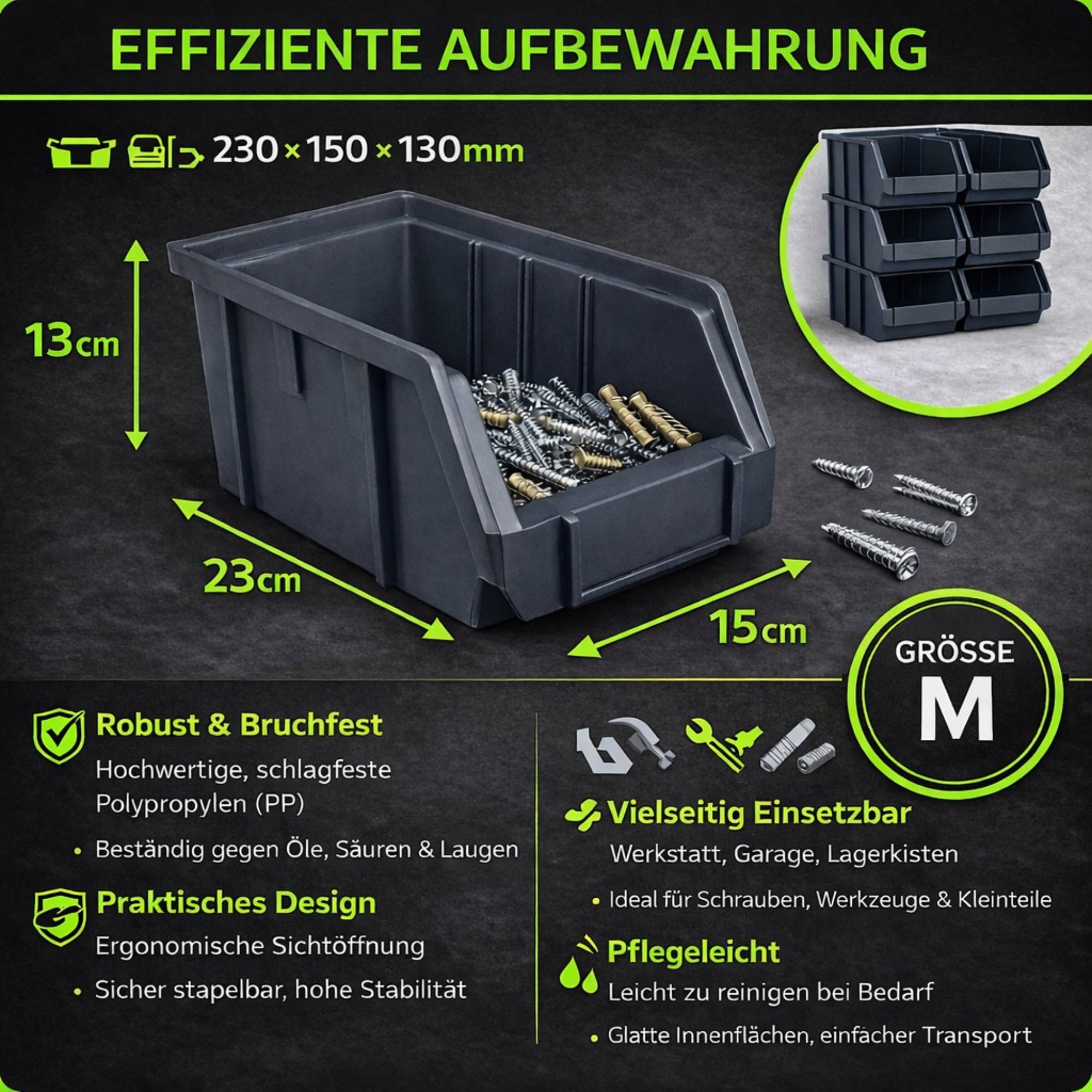 Rodopi 26er Set Stapelboxen, Größe M | Sichtlagerkästen 230x150x130mm | Robuste Lagerboxen für Werkstatt, Garage, Keller | Aufbewahrung für Kleinteile & Werkzeug | Sortierkästen Rot
