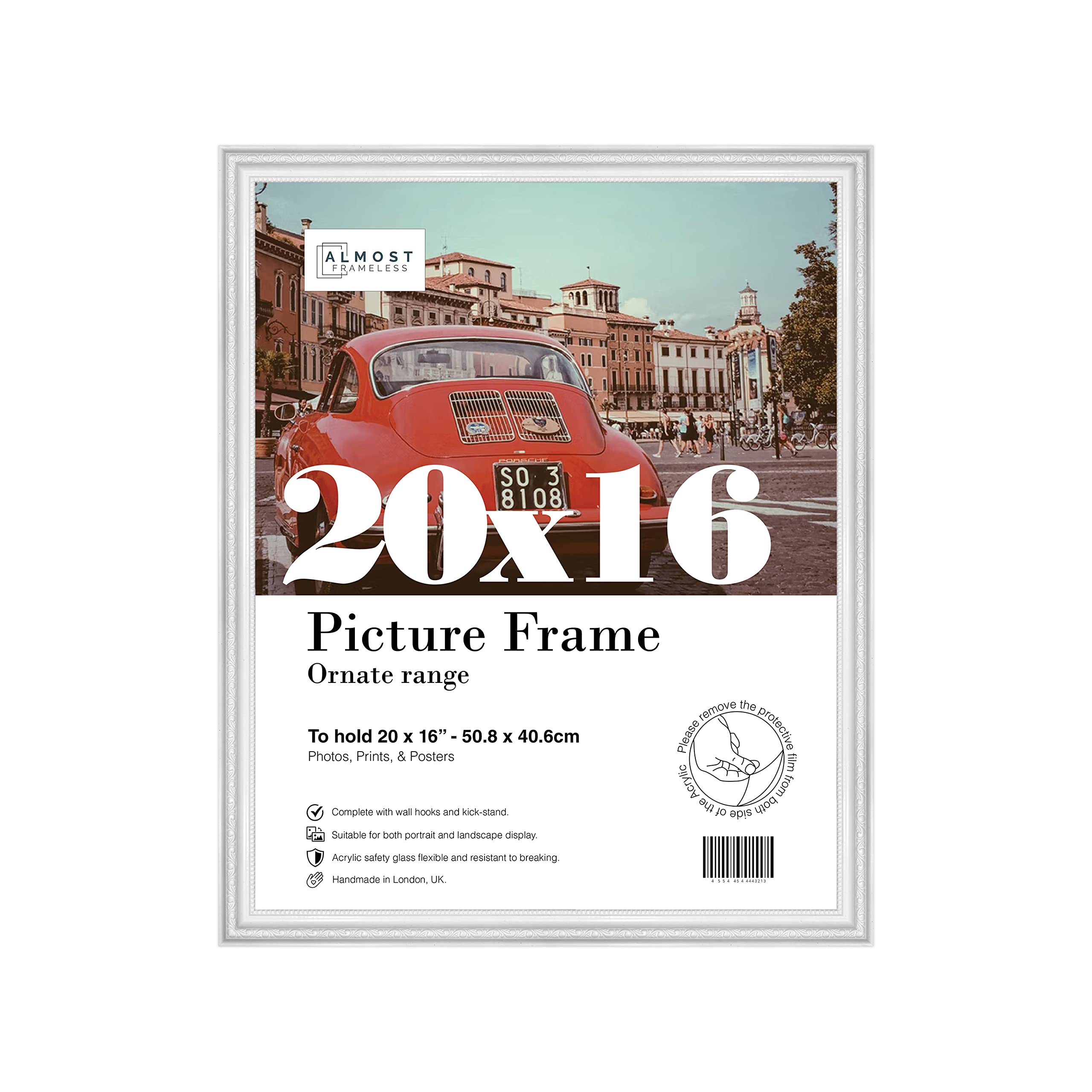 Almost Frameless White Picture Frame 20X16 White Ornate Picture Frame 20"X16"(50.8X40.6cm) Poster, Photo, Artwork, Or Print. Antique Style Portrait And Landscape Display With Wall Hooks