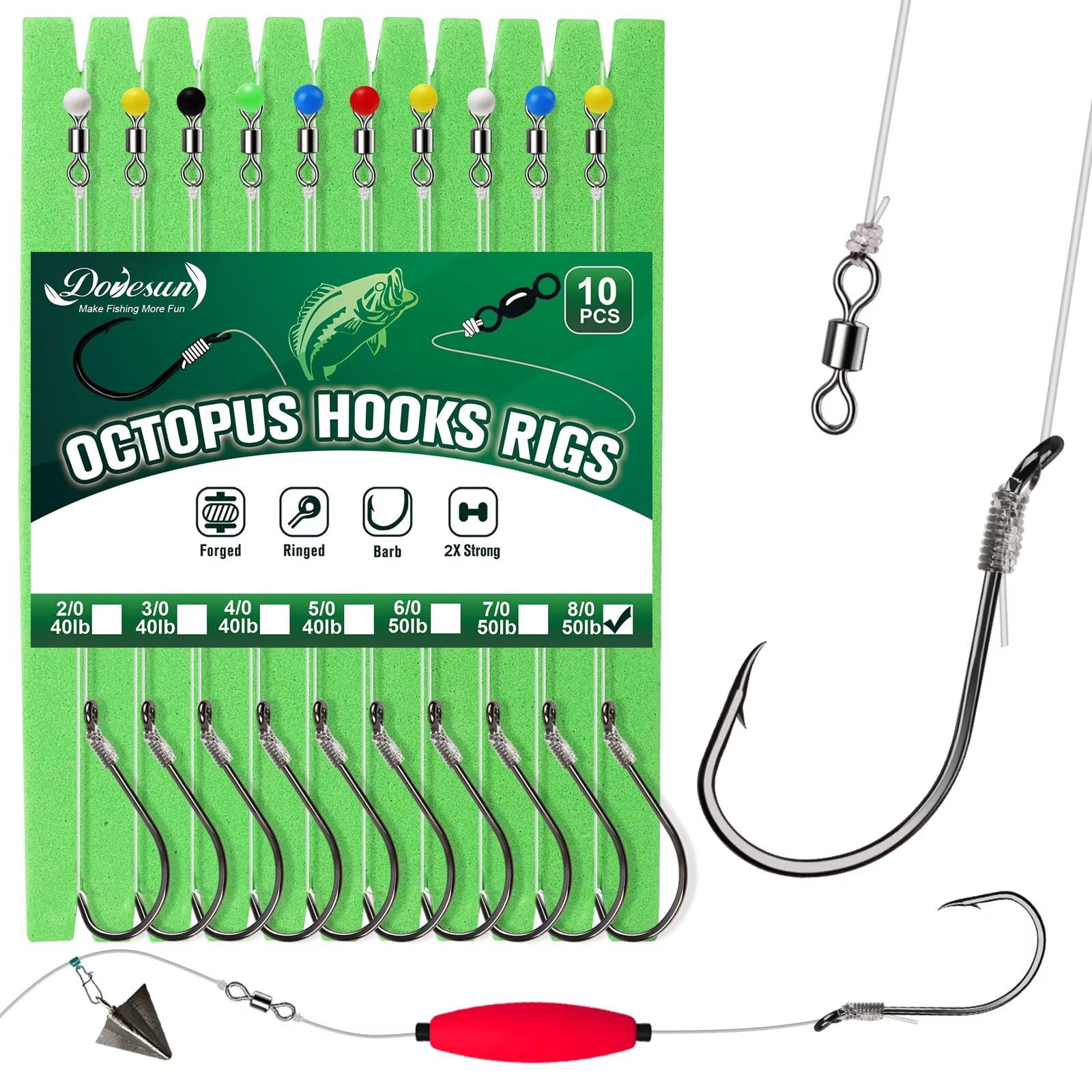 Dovesun 10PCS Pre-Rigged Catfish Rig Circle/Octopus Hooks Rigs for Catfish Offset Circle Fishing Hooks for Saltwater Freshwater 2/0 3/0 4/0 5/0 6/0 7/