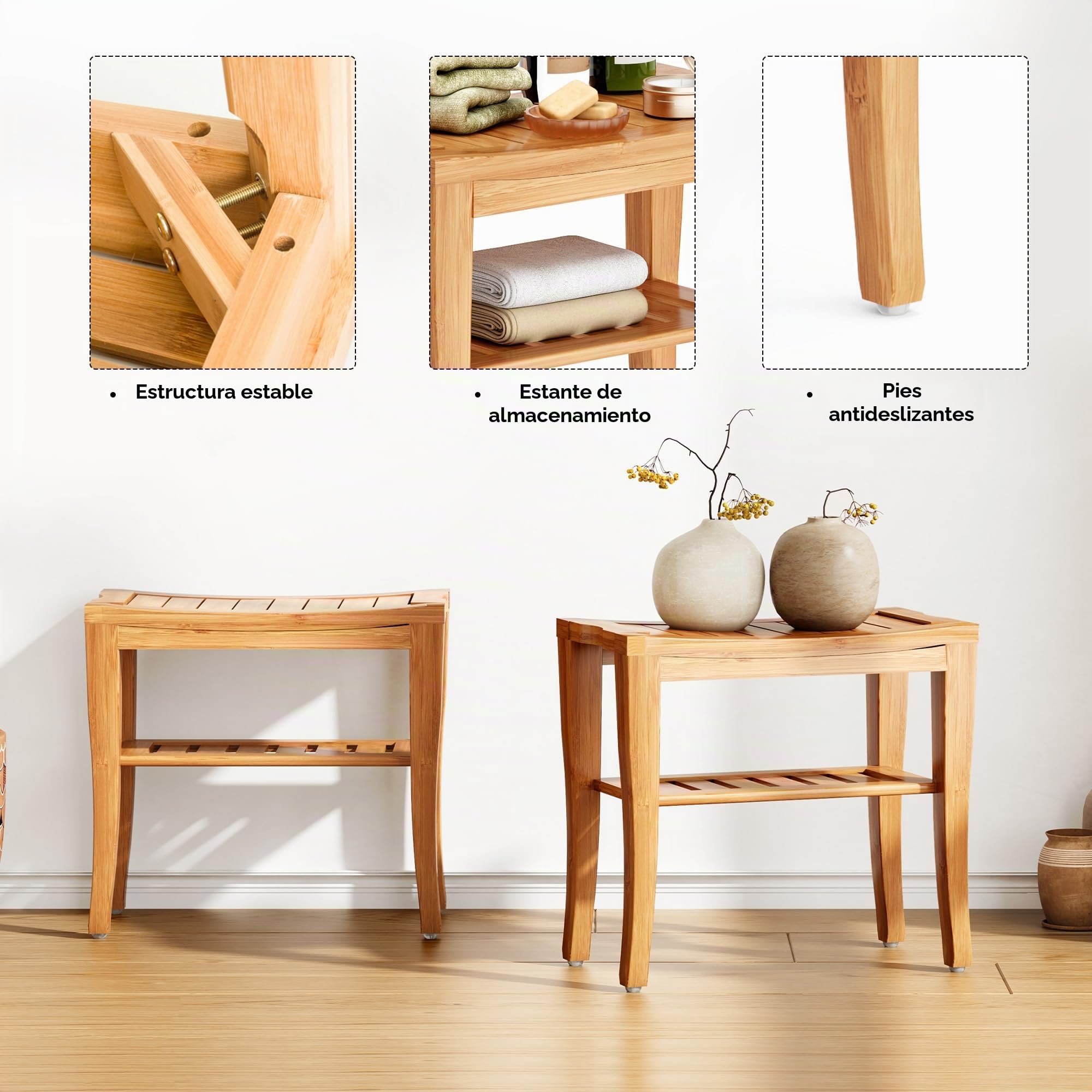 sogesfurniture Taburete de Baño, Taburete de Bambú, Antideslizante Impermeable Taburete de Ducha 2 Niveles Banco Zapatero para Entrada, Baño, Sala de Estar, KS-HSJ-04-BH