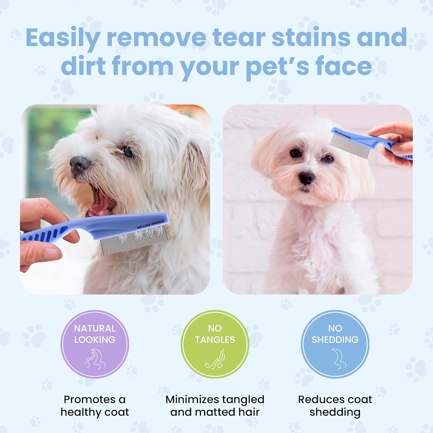 We Love Doodles Large and Small Dog Grooming Comb, Slicker Brush Bundle - Tear Stain Remover - Long Pin Brush For Dog Dematting - Pet Eye Brush - Made in USA