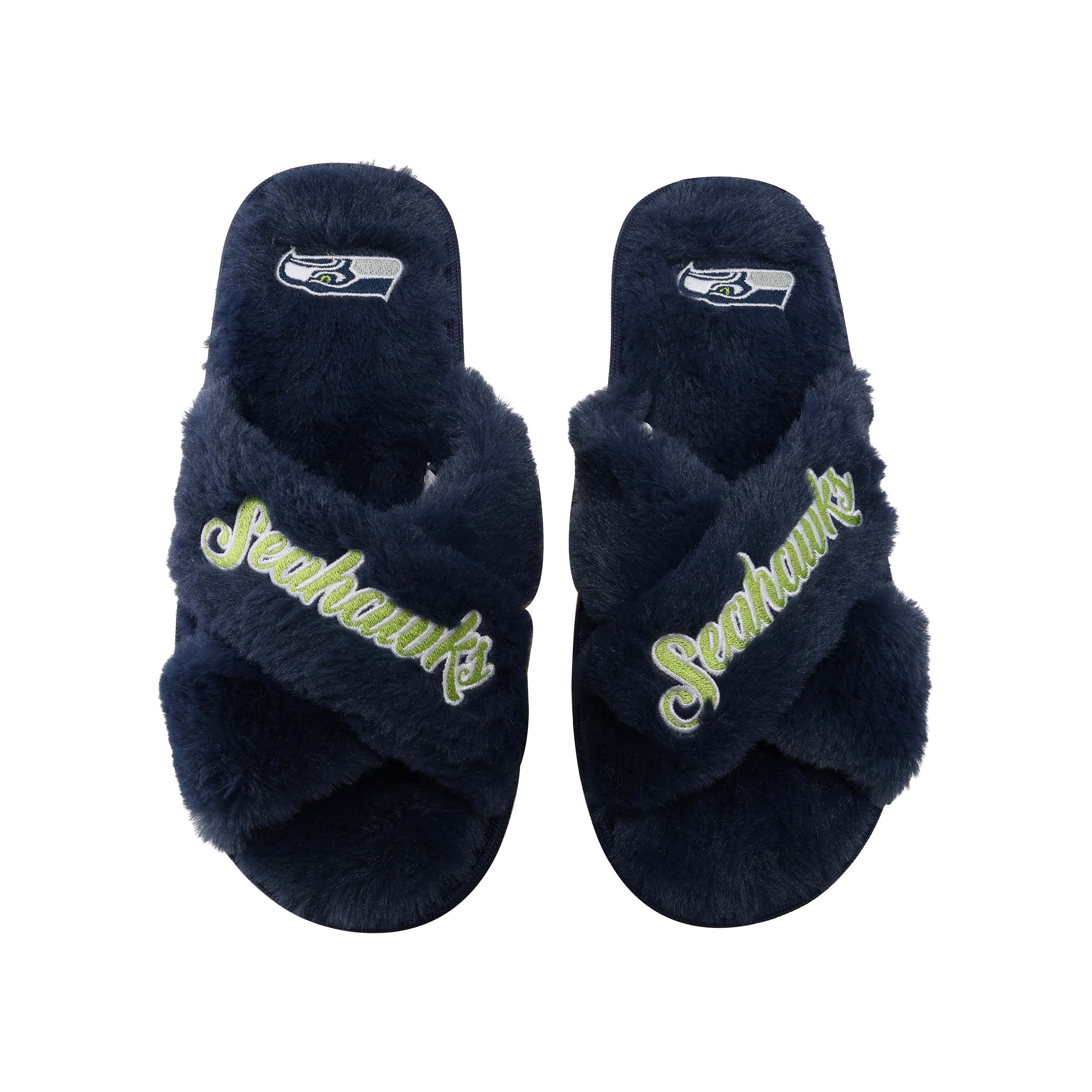 FOCO Womens NFL Team Script Wordmark Fuzzy Cross Slide Slippers