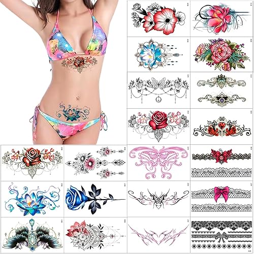 Miniatura 1 de Tatuajes temporales de flores sexys, 20 hojas, flores grandes, mariposa, encaje, ombligo, busto, estómago, glúteos, piernas, brazos, espalda baja,