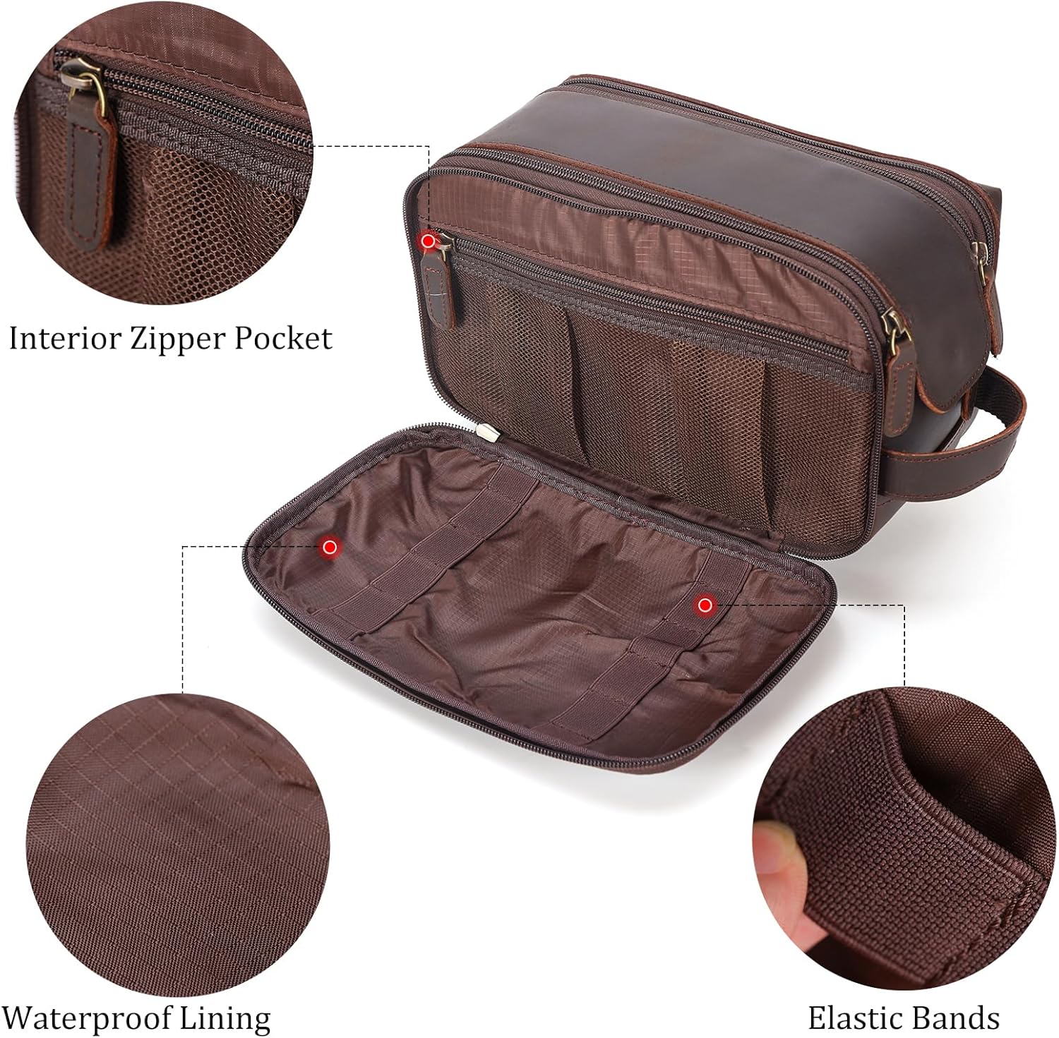 Polare Full Grain Leather Travel Toiletry Bag Dopp Kit Large Cosmetic Travel Case Shaving Kit Wash with YKK Zippers