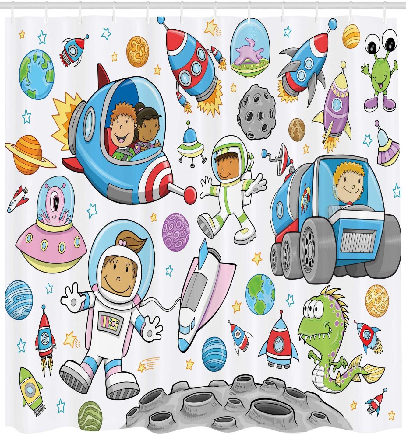 Ambesonne Outer Space Shower Curtain, Deep Space Astronaut Girl Boy Aliens Rockets on Moon Theme, Cloth Fabric Bathroom Decor Set with Hooks, 69" W x 75" L, White Blue Grey