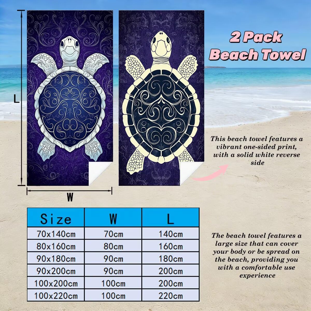 Ręcznik plażowy 90 x 180 cm, ręcznik gimnastyczny z mikrofibry szybkoschnący, zestaw 2 ręczników plażowych, lekki kompaktowy ręcznik z mikrofibry duży do podróży, prezent dla kobiet (żółw morski