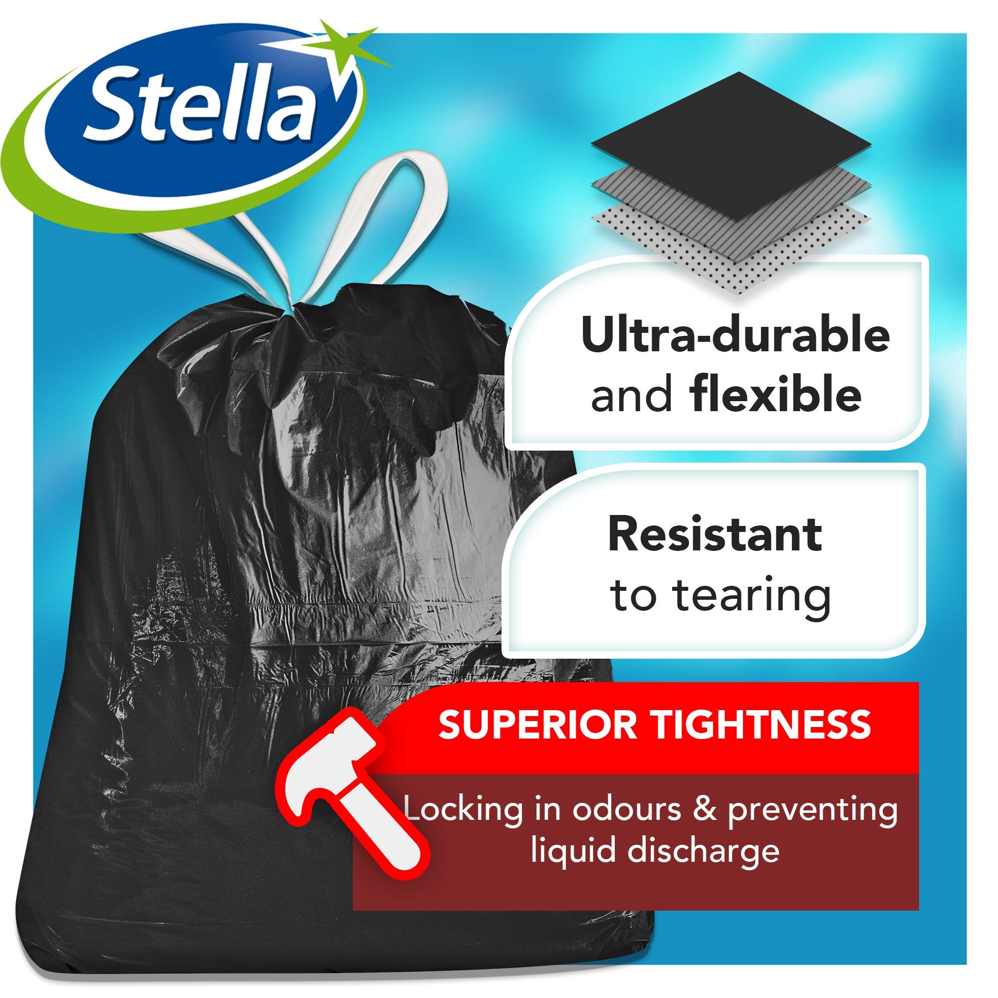 Stella Pack Sac Poubelle 60l Noir 40 Pièces Sacs Résistants Fermeture Coulissante Recyclable Durable Idéal Intérieur et Extérieur Sac 35 Litres Polyvalent, en plastique recyclé
