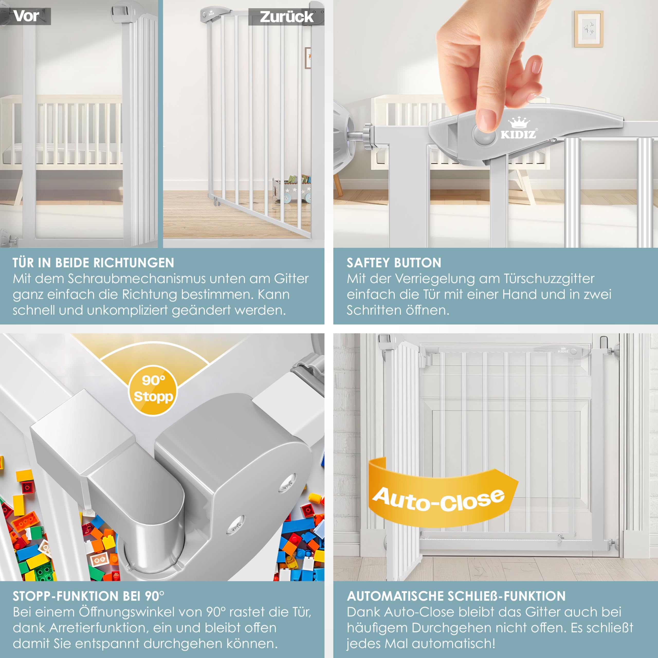 KIDIZ® Griglia di protezione per porte e scale, per bambini, senza forature, orientabile su entrambi i lati,