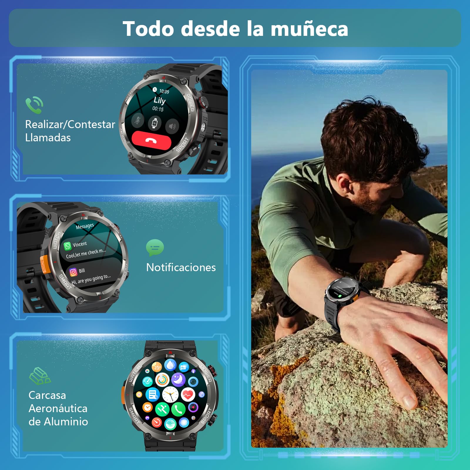 Reloj Inteligente Hombre, 1.45" Smartwatch Hombre con Linterna y Brújula, Smartwatch con Llamadas Bluetooth, Notificación, 120+ Modos Deportivos, IP68 Impermeable Reloj Inteligente para Android iOS