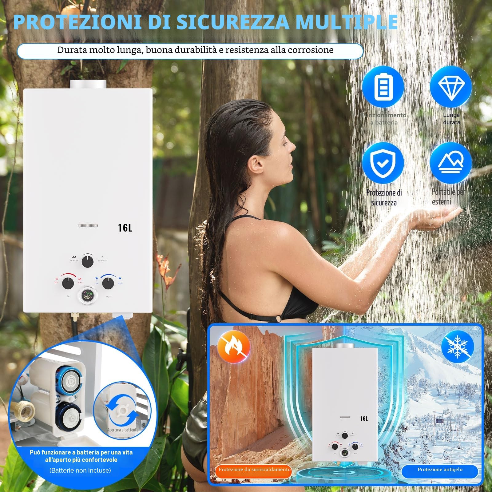 Scaldabagno a Gas 16L, All'aperto Portatile Scaldabagno Istantaneo a Propano con Display Digitale Multi-Protezione, Parete senza Serbatoio Scaldacqua Istantaneo Automatico, bianco