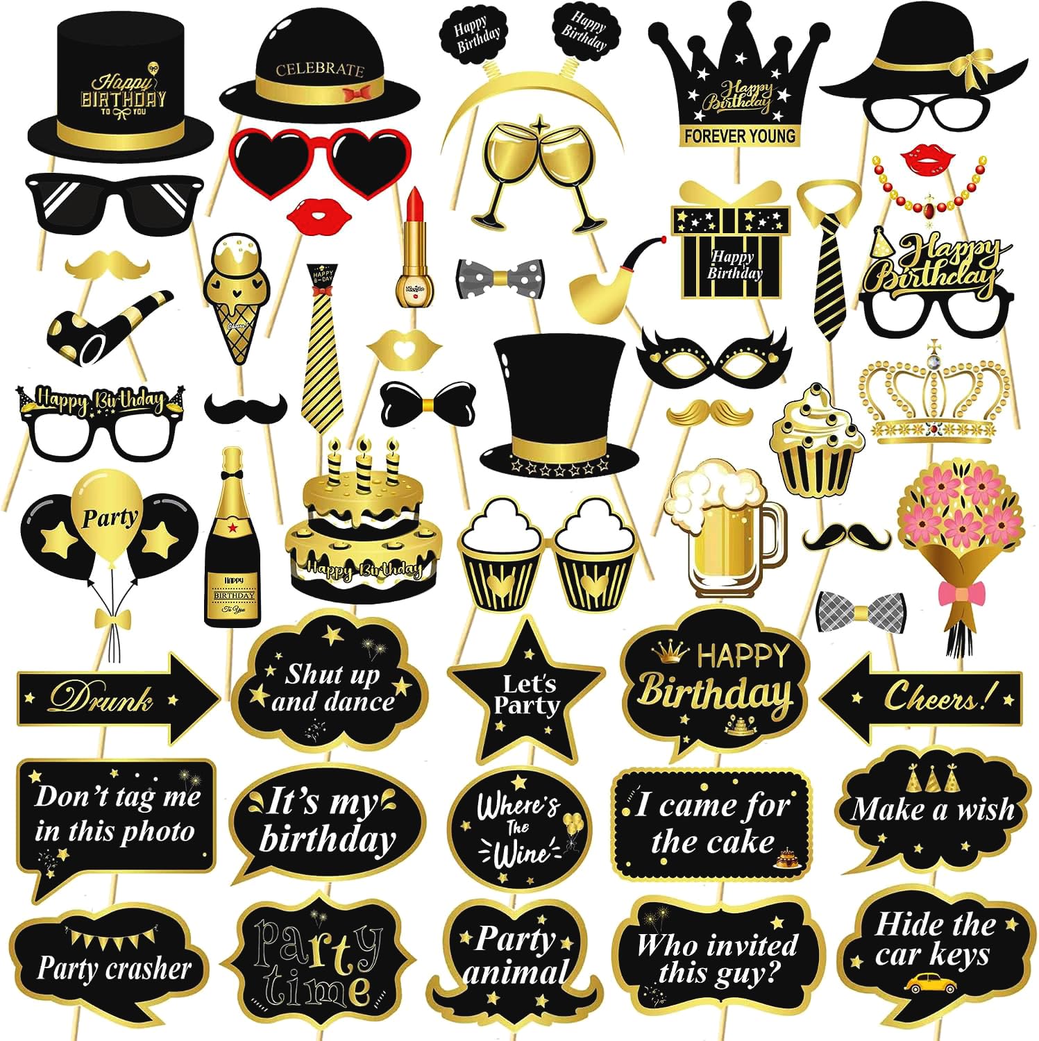 53Pcs Black and Gold Birthday Photo Booth Props - Funny DIY Birthday Party Supplies for Men Women, Classy Selfie Props Cutouts for 30th 40th 50th Milestone Birthday Party Decorations, Lightweight