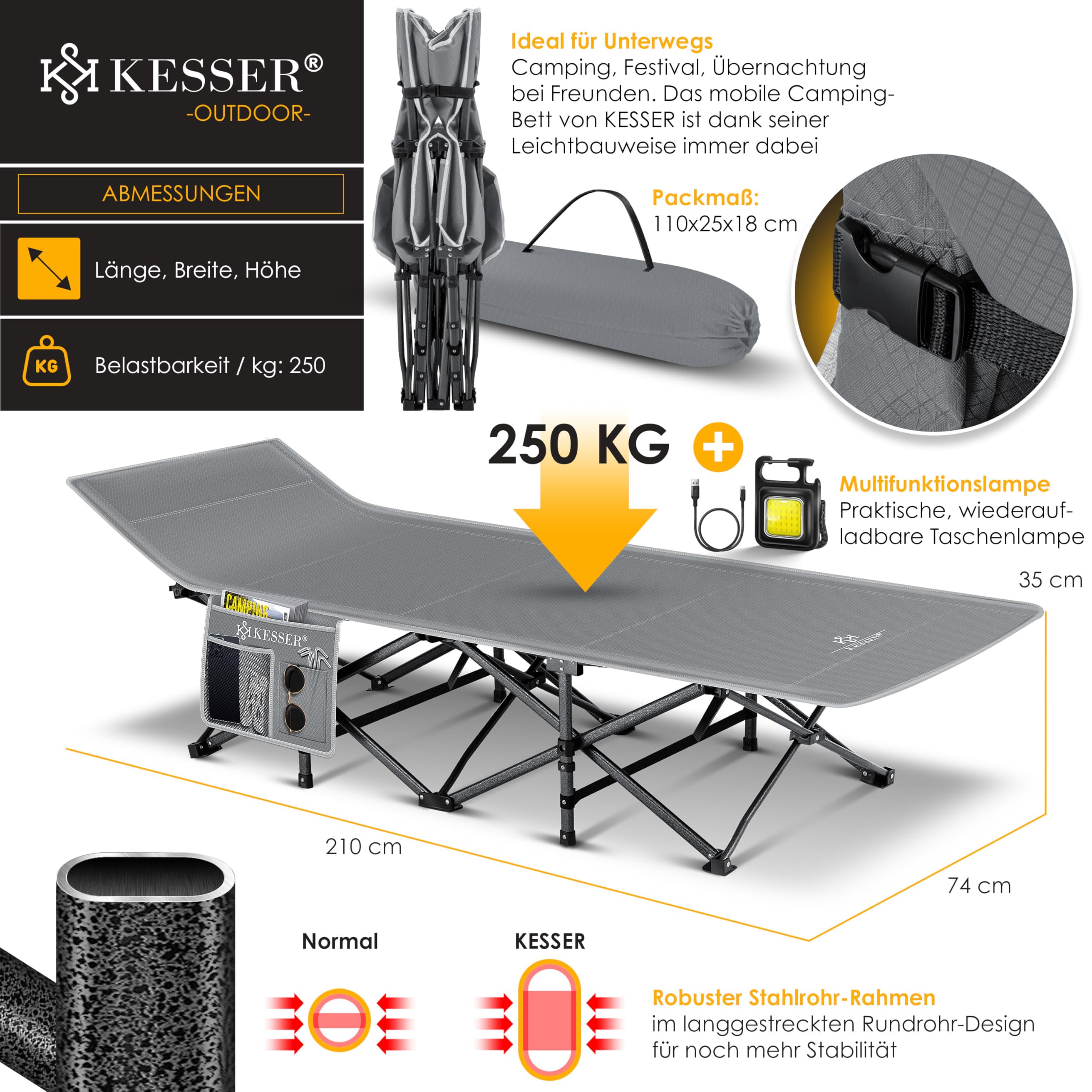 KESSER® Łóżko kempingowe, składane, w tym torba do przenoszenia + kieszeń boczna, stabilne łóżko polowe, 250 kg, metalowa rura, tkanina Oxford 600D, przenośne, podróżne, wygodne