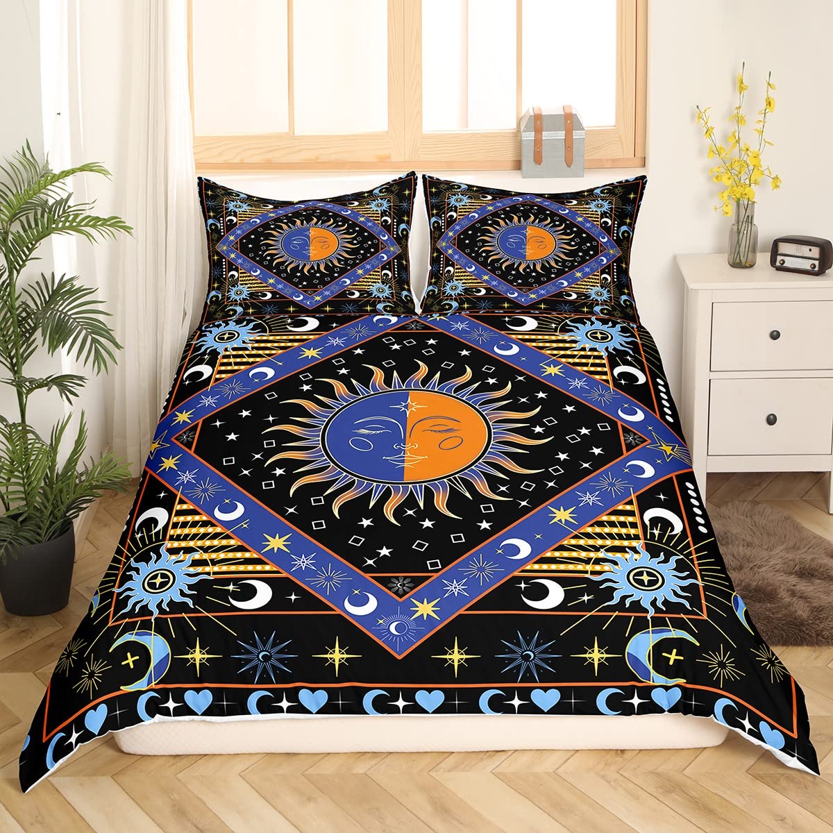 Juego de ropa de cama bohemio con diseño de luna, estilo bohemio, hippie, funda de edredón con purpurina y estrellas, galaxia, tamaño Super King, Trippy Cosmos celestial, funda de edredón con diseño