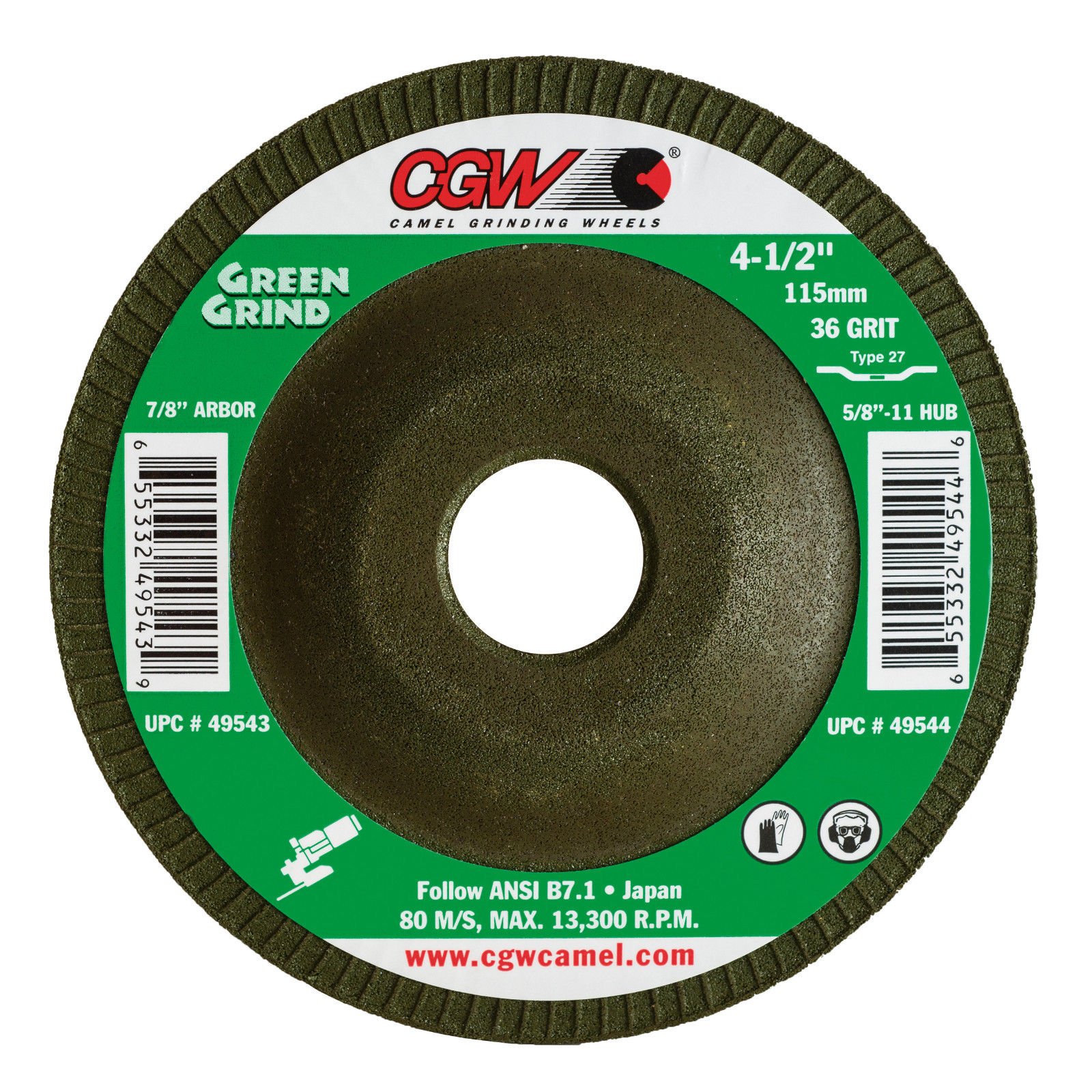 CGW Abrasives49543 4-1/2x7/8 36GRIT T27 Resin Grind Sanding WHLS