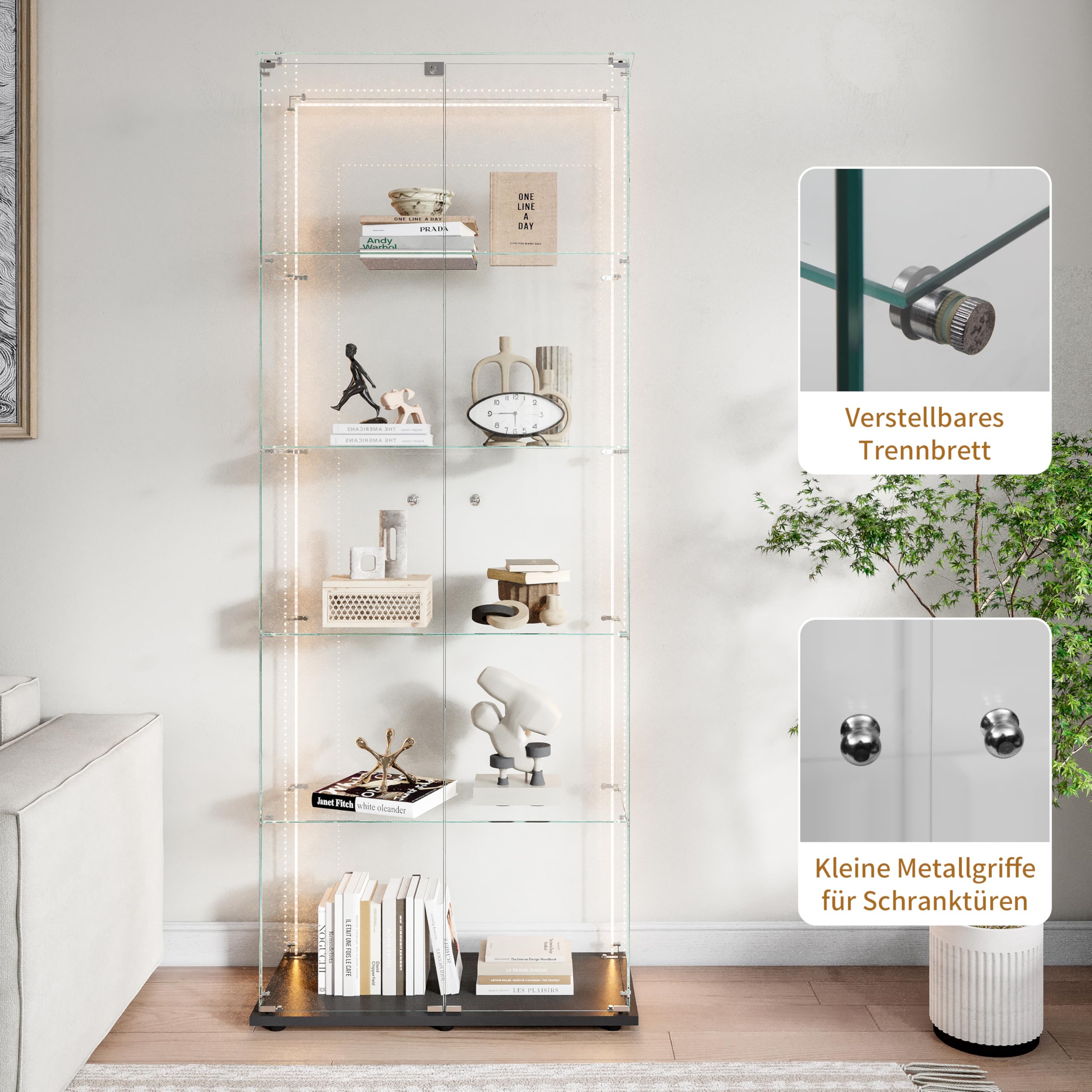 Vitrine en Verre avec LED,Armoire vitrine pour Collection avec 2 Porte 5 étagères Transparent Meuble Vitrine Verre vitrines Figurine Armoire Salon Bar (5 étages 2 Porte+LED-1, Noir)
