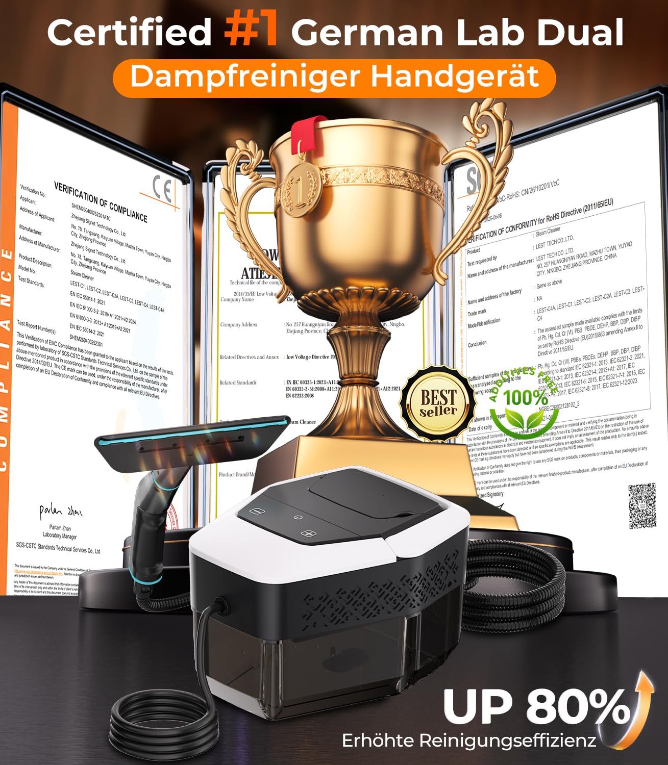 KYUT 16-in-1 Dampfreiniger【80% höhere Reinigungseffizienz – Branchenführer Nr.1】Dampfreiniger Handgerät【Dreifacher Sicherheitsschutz – 6 Konformitätszertifikate】1,8L Tank für Haushalt, Küche und Auto