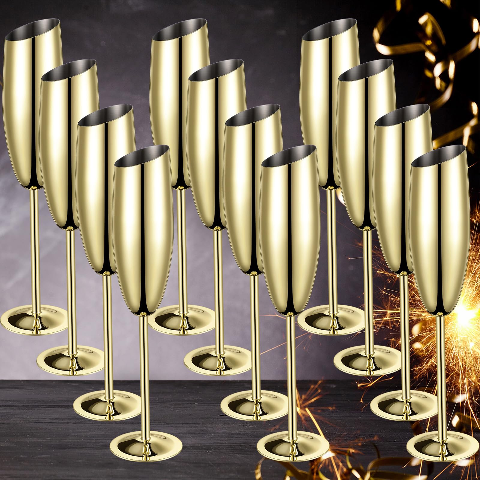 Photo 1 of 12 Pcs 8.2oz Stainless Steel Champagne Flutes, Wine Long Stem Champagne, (GOLD)